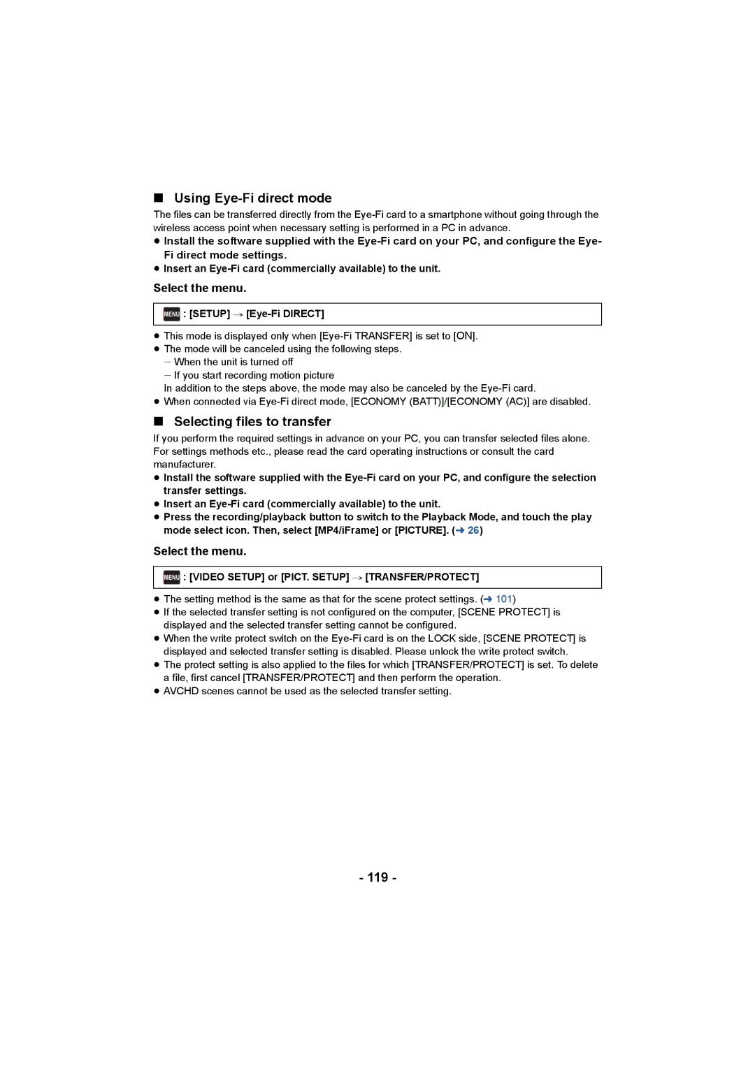 Panasonic HCV550K owner manual Using Eye-Fi direct mode, Selecting files to transfer, 119, Menu Setup # Eye-Fi Direct 