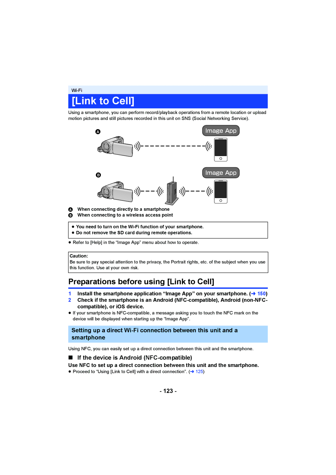 Panasonic HCV550K owner manual Preparations before using Link to Cell, If the device is Android NFC-compatible, 123 