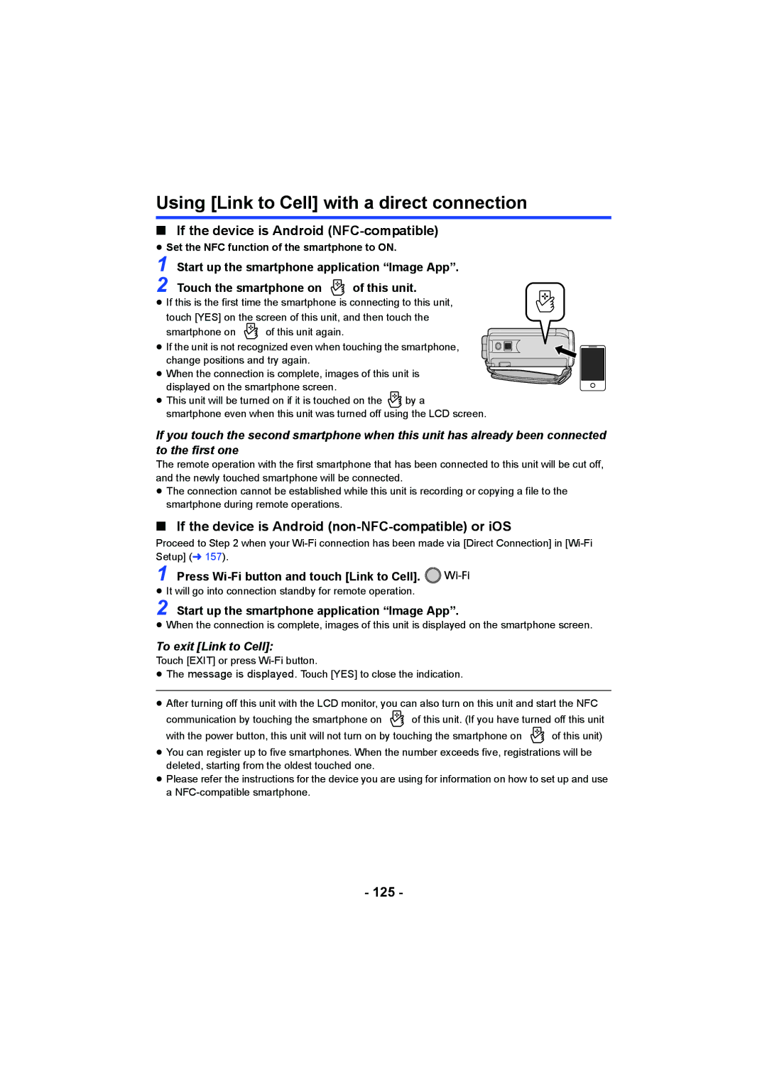 Panasonic HCV550K owner manual Using Link to Cell with a direct connection, 125, Press Wi-Fi button and touch Link to Cell 