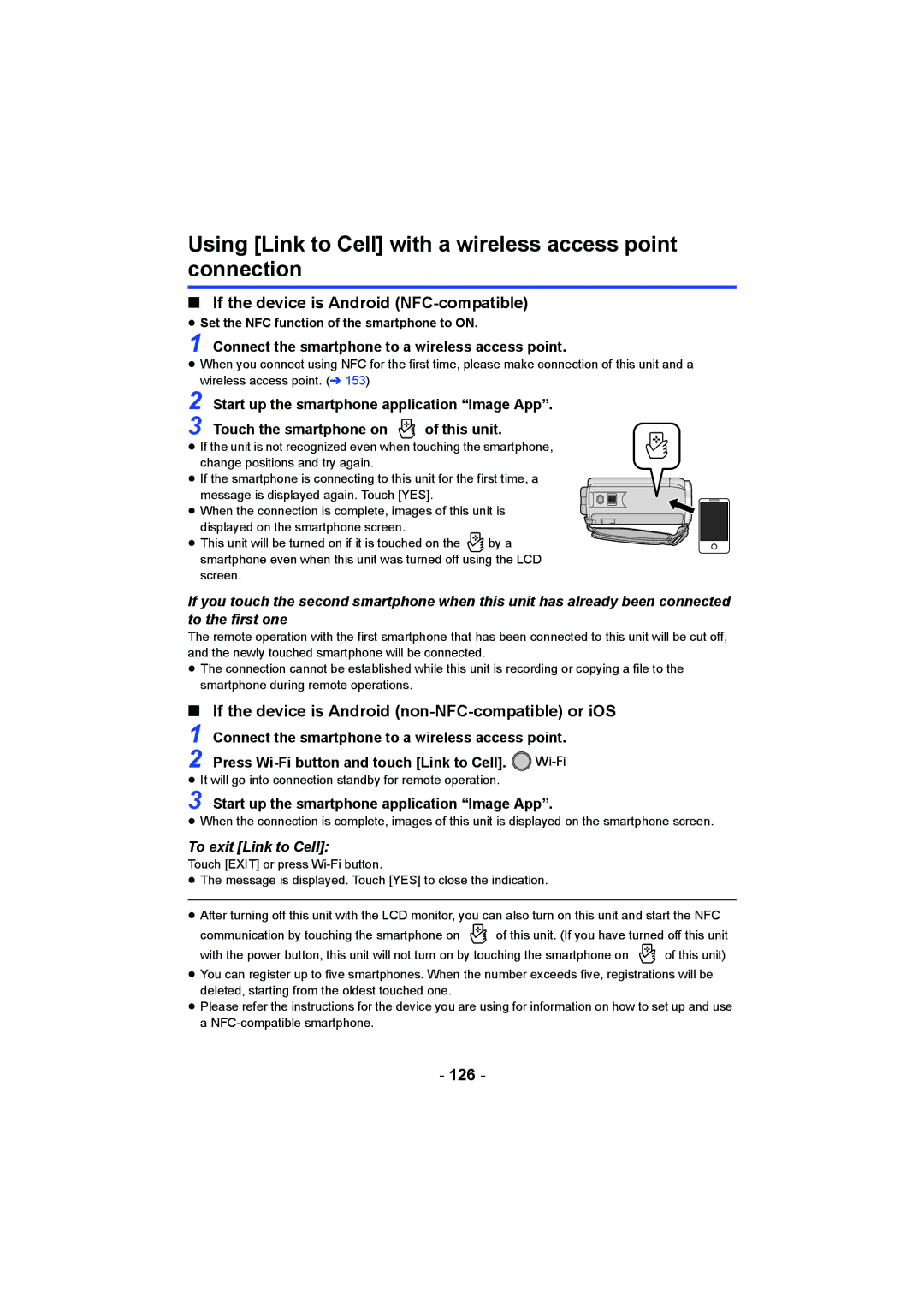 Panasonic HCV550K owner manual Using Link to Cell with a wireless access point connection, 126 