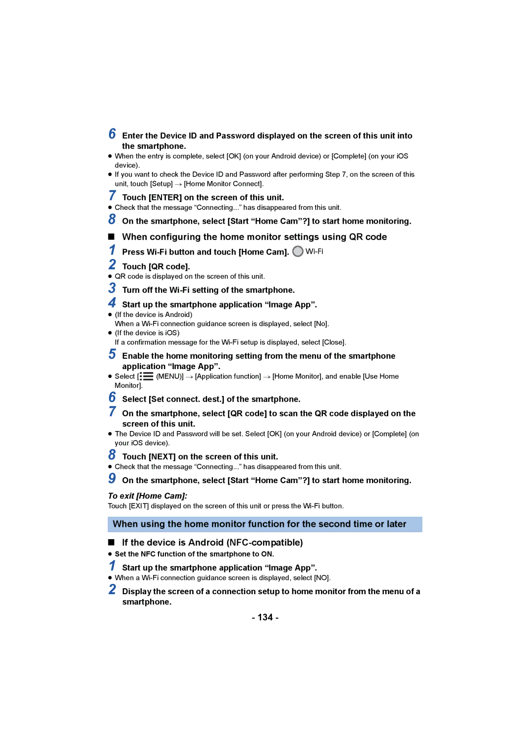 Panasonic HCV550K owner manual When configuring the home monitor settings using QR code, 134, To exit Home Cam 