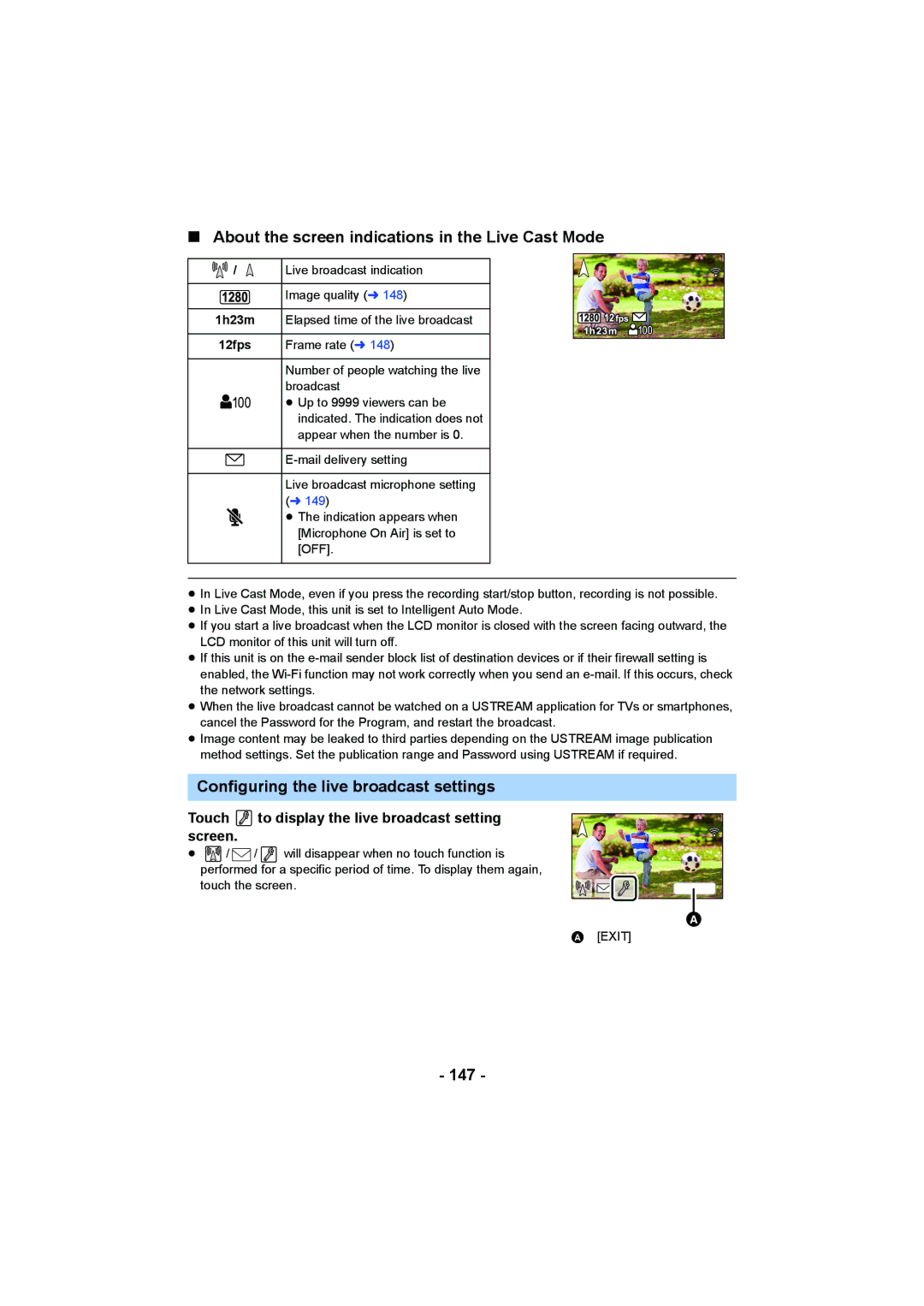 Panasonic HCV550K About the screen indications in the Live Cast Mode, Configuring the live broadcast settings, 147 