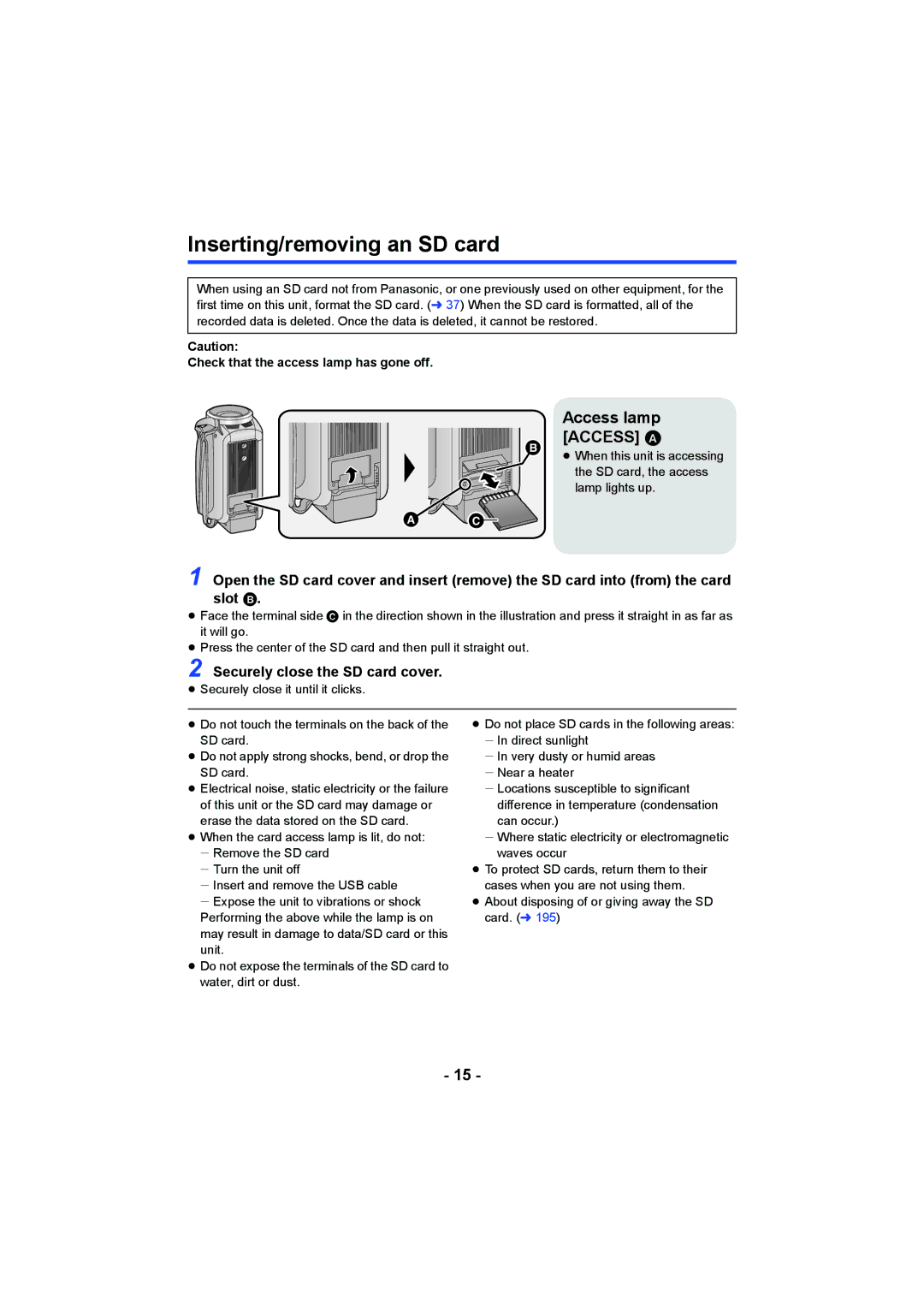 Panasonic HCV550K owner manual Inserting/removing an SD card,   Access lamp Access a, Securely close the SD card cover 