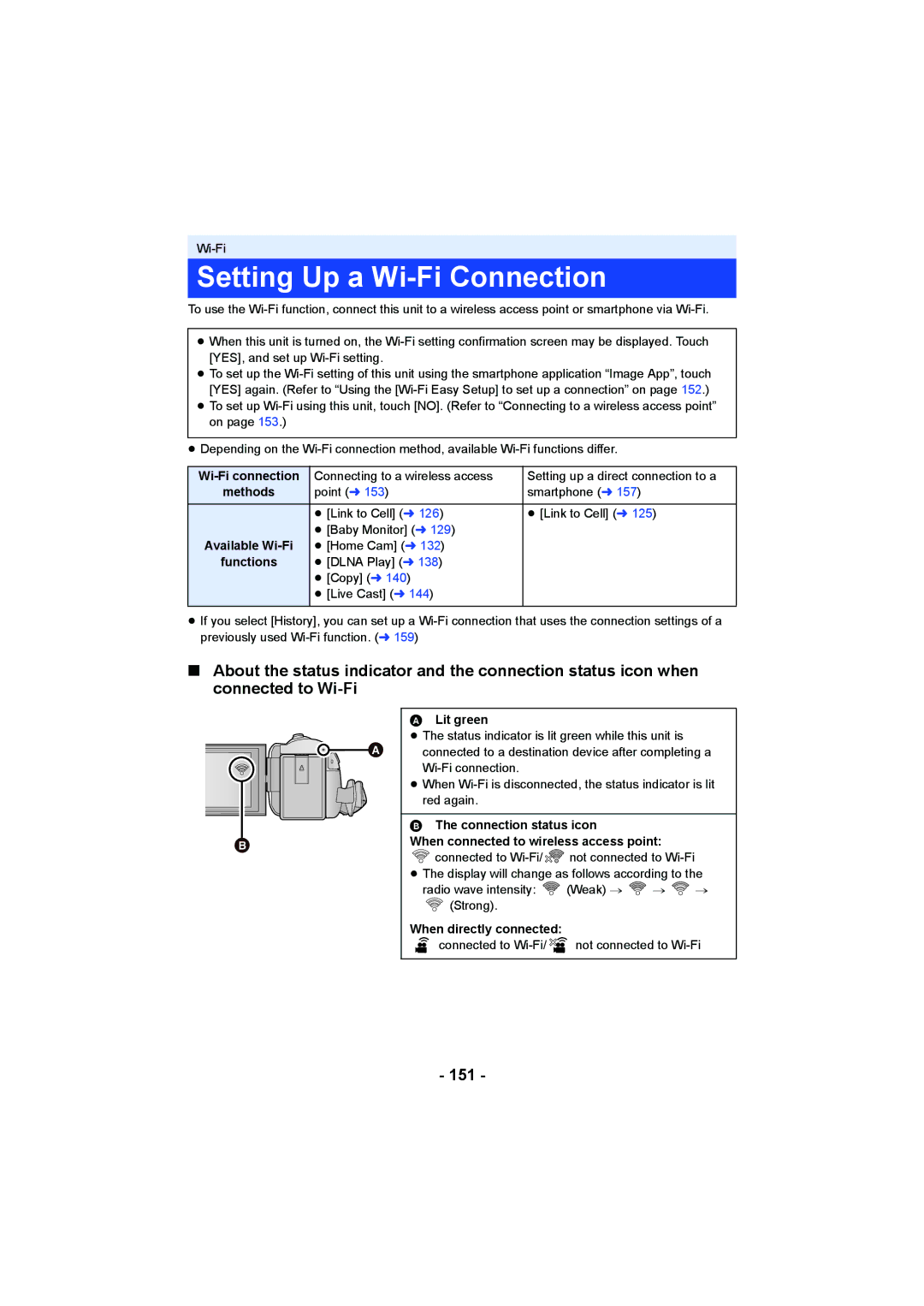 Panasonic HCV550K owner manual Setting Up a Wi-Fi Connection, 151 