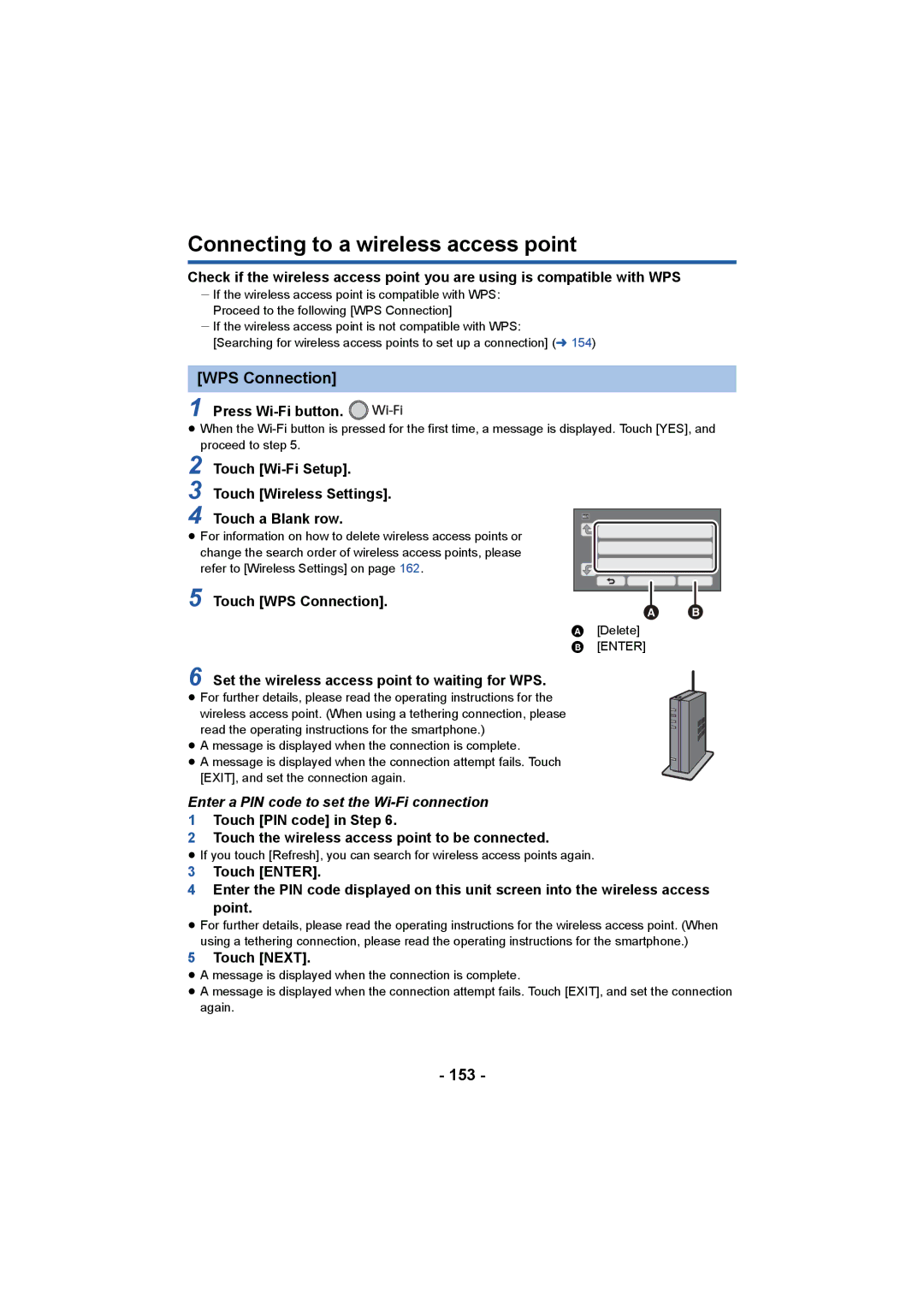 Panasonic HCV550K Connecting to a wireless access point, WPS Connection, 153, Enter a PIN code to set the Wi-Fi connection 