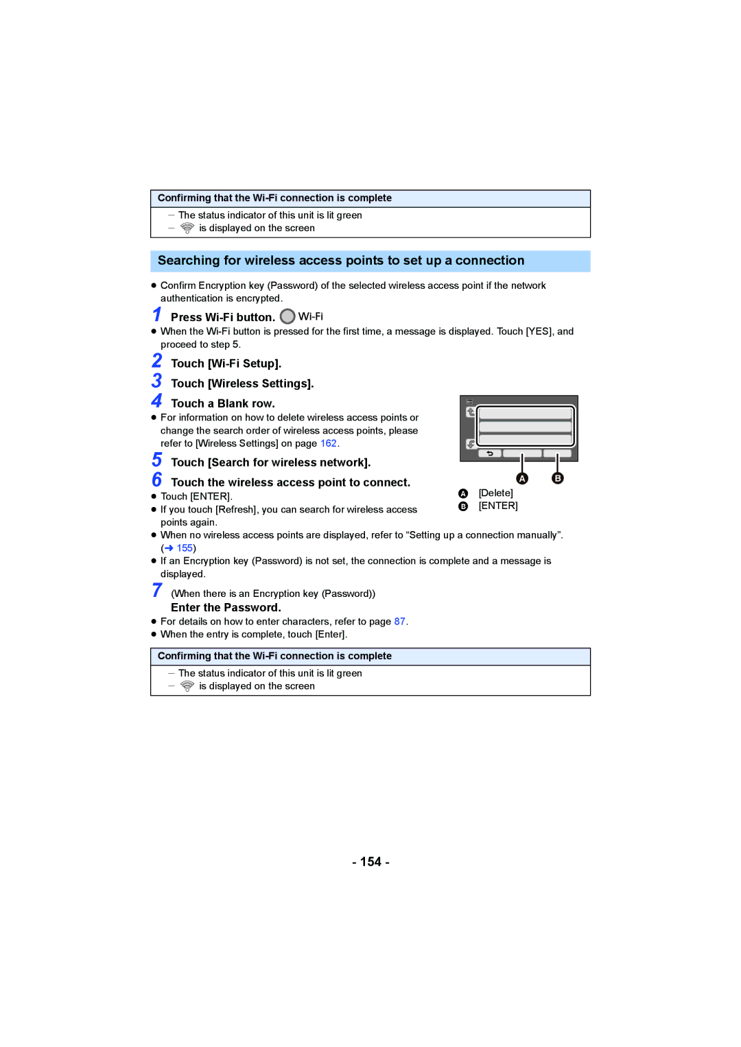 Panasonic HCV550K Searching for wireless access points to set up a connection, 154, Touch Search for wireless network 