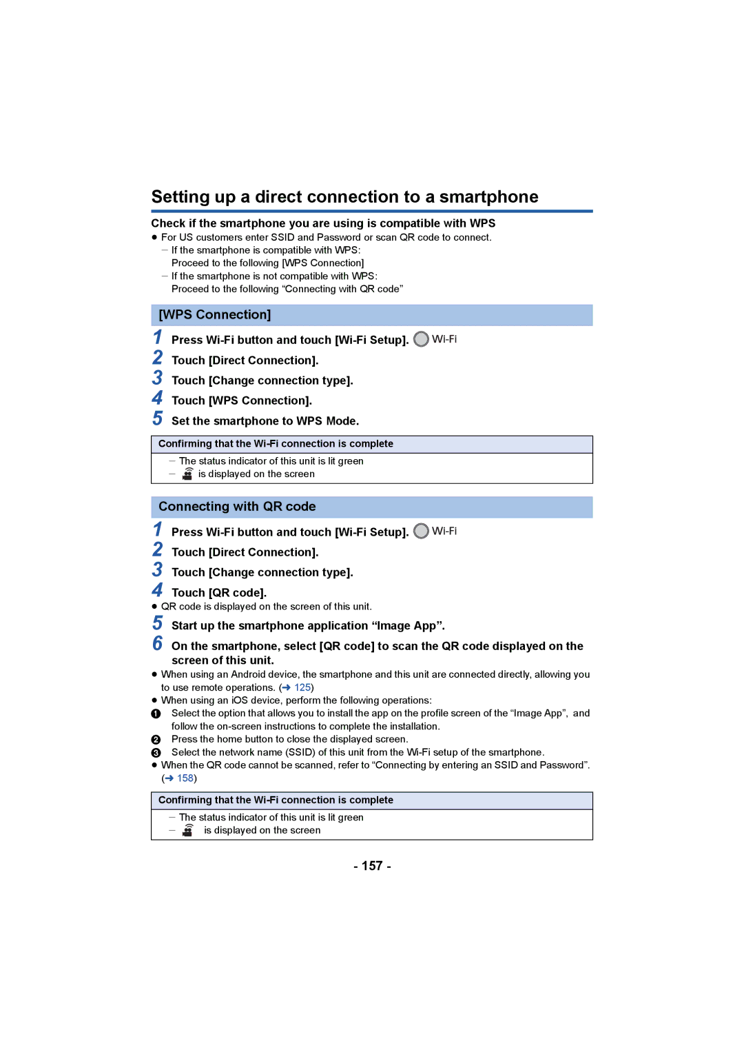 Panasonic HCV550K owner manual Setting up a direct connection to a smartphone, Connecting with QR code, 157 