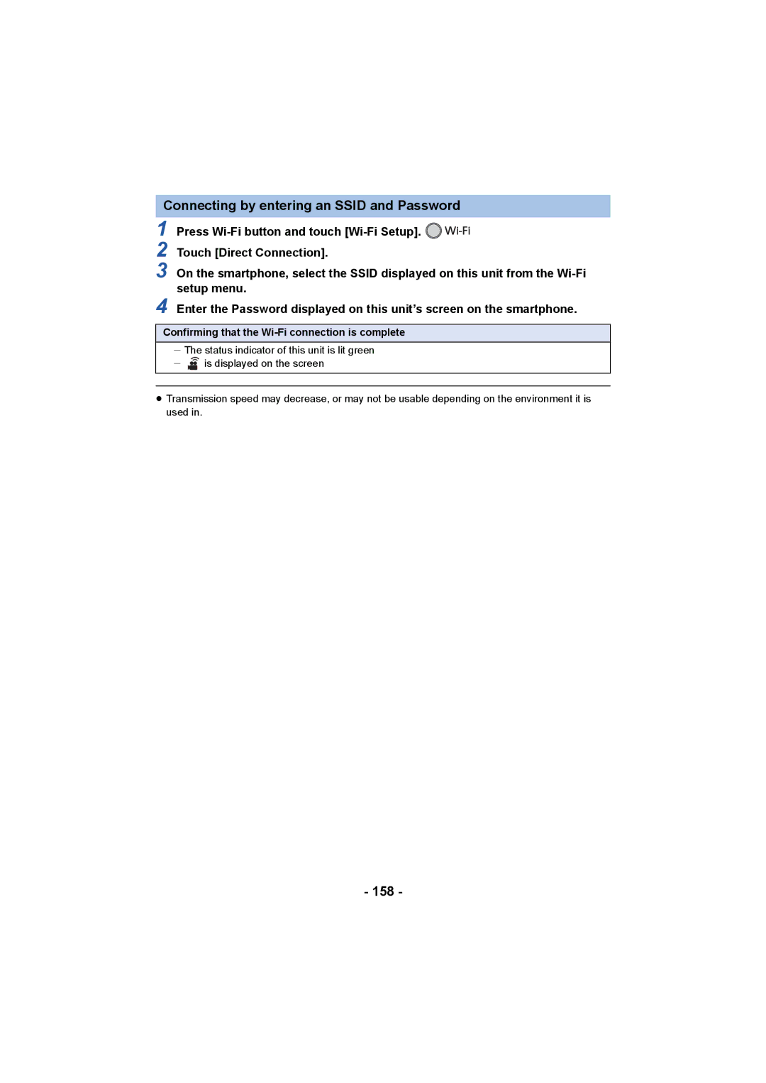 Panasonic HCV550K owner manual Connecting by entering an Ssid and Password, 158 