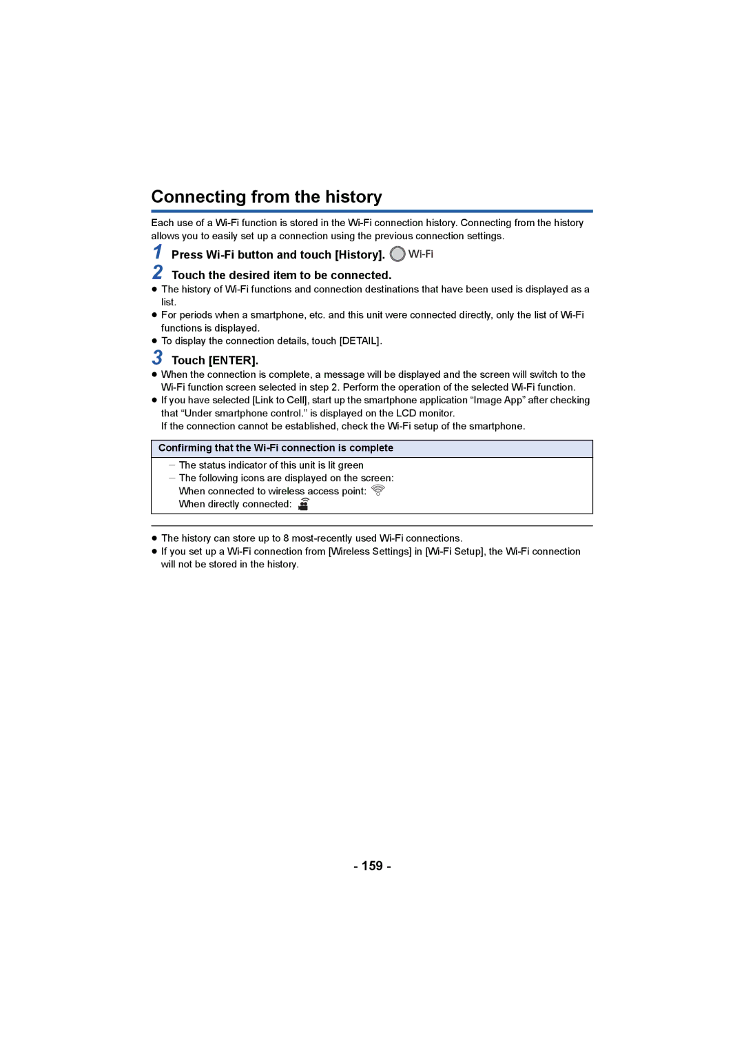 Panasonic HCV550K owner manual Connecting from the history, 159 