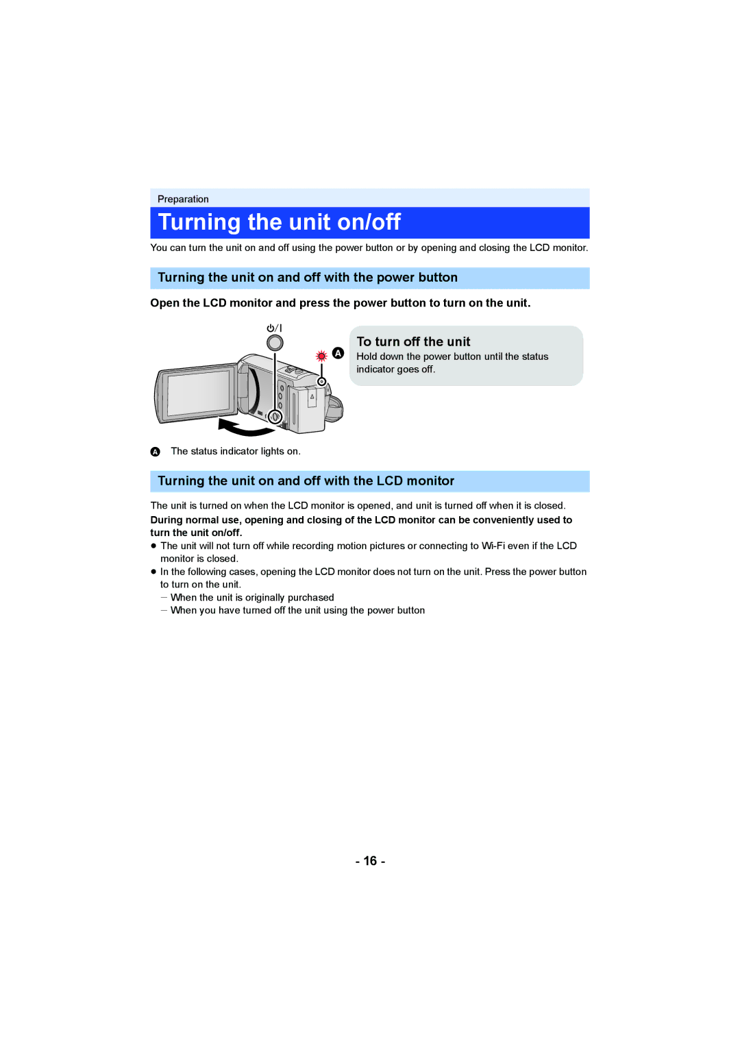 Panasonic HCV550K Turning the unit on/off, Turning the unit on and off with the power button, To turn off the unit 