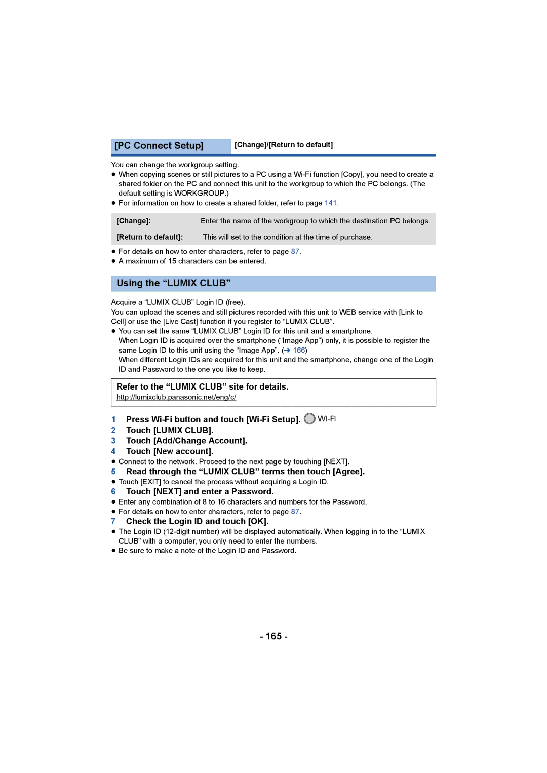 Panasonic HCV550K owner manual PC Connect Setup, Using the Lumix Club, 165 