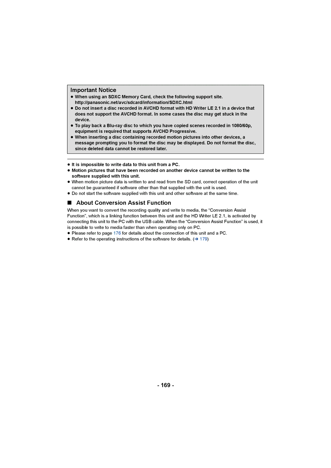 Panasonic HCV550K owner manual Important Notice, About Conversion Assist Function, 169 