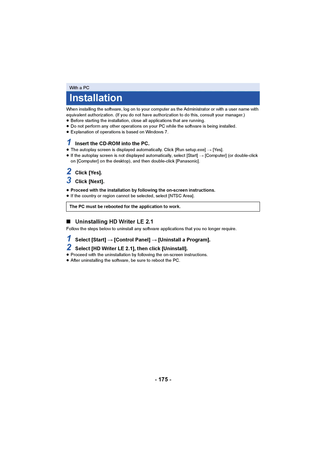 Panasonic HCV550K Installation, Uninstalling HD Writer LE, 175, Insert the CD-ROM into the PC, Click Yes Click Next 