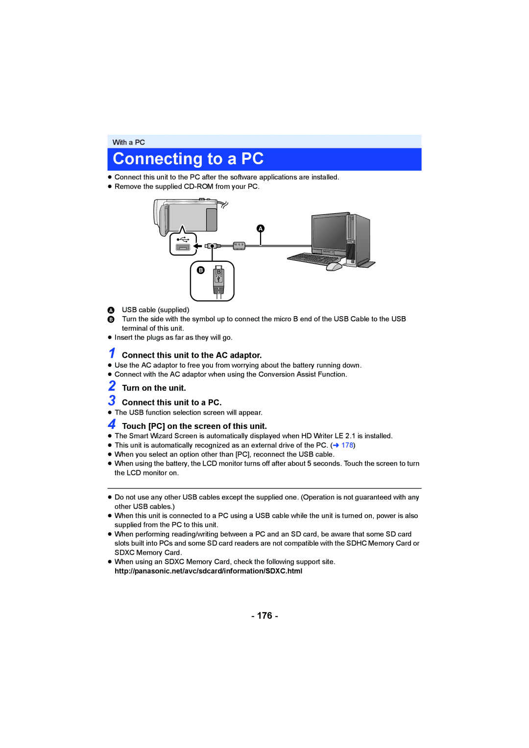 Panasonic HCV550K owner manual Connecting to a PC, 176, Connect this unit to the AC adaptor, Turn on the unit 