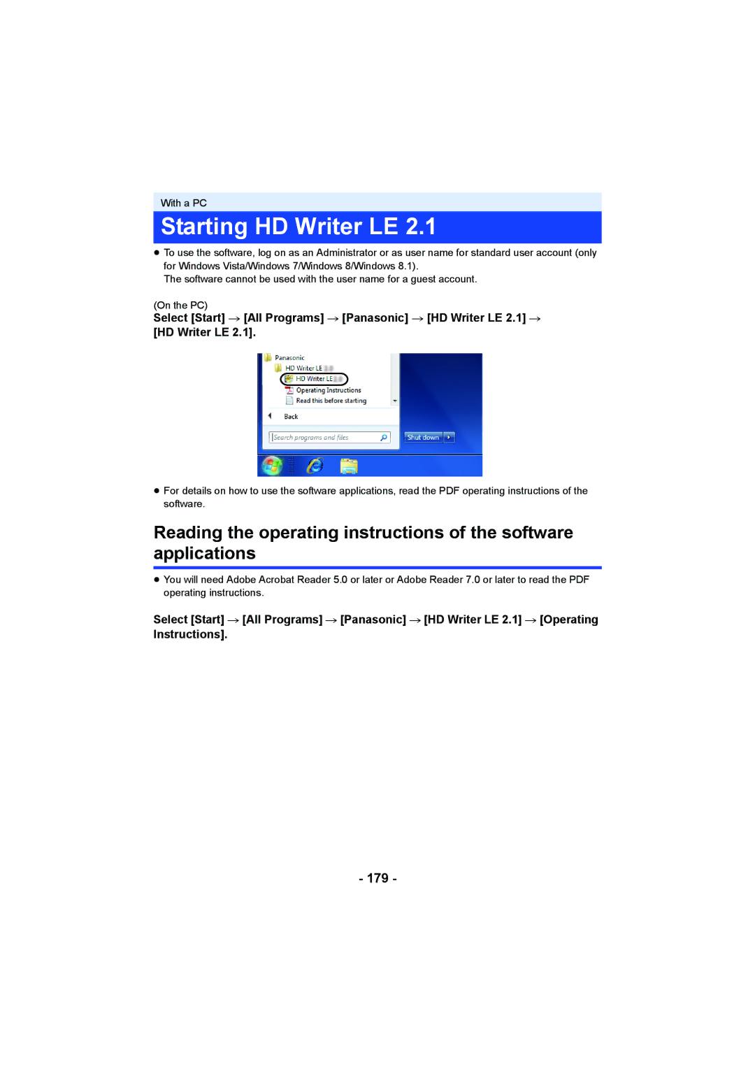 Panasonic HCV550K owner manual Starting HD Writer LE, 179 