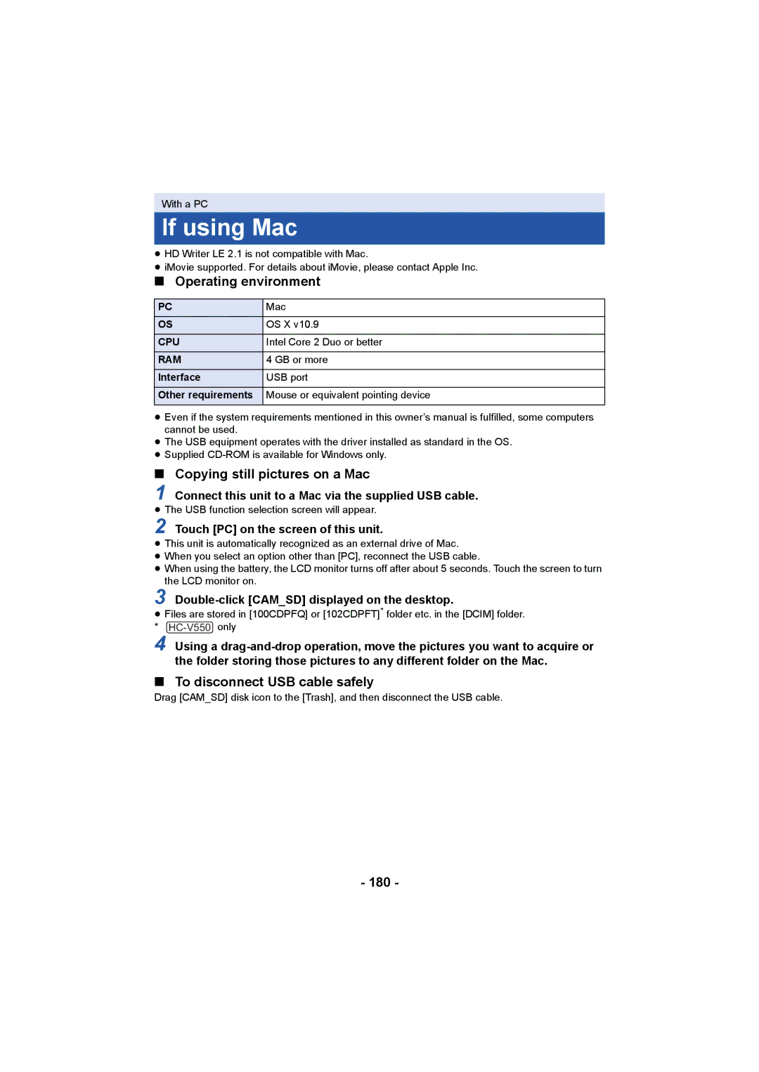 Panasonic HCV550K owner manual If using Mac, Operating environment, Copying still pictures on a Mac, 180 