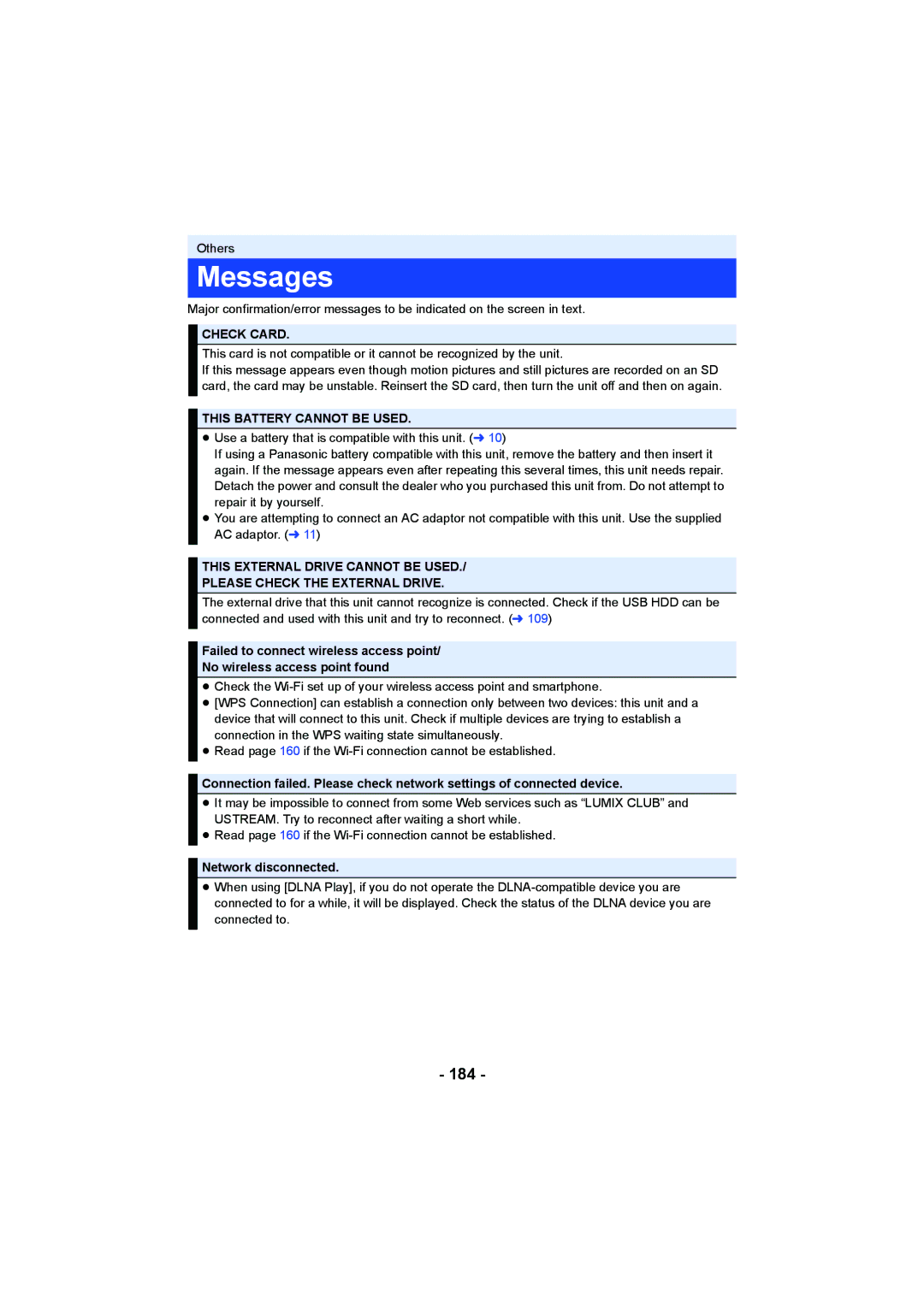 Panasonic HCV550K owner manual Messages, 184, Check Card, This Battery Cannot be Used, Network disconnected 