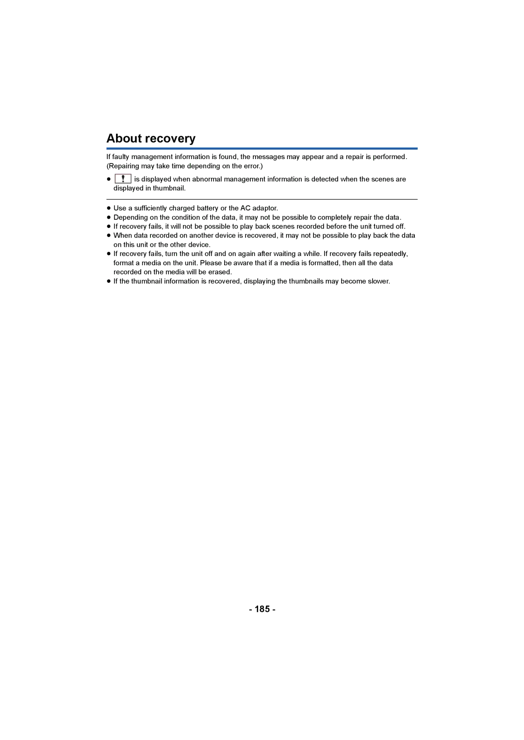 Panasonic HCV550K owner manual About recovery, 185 