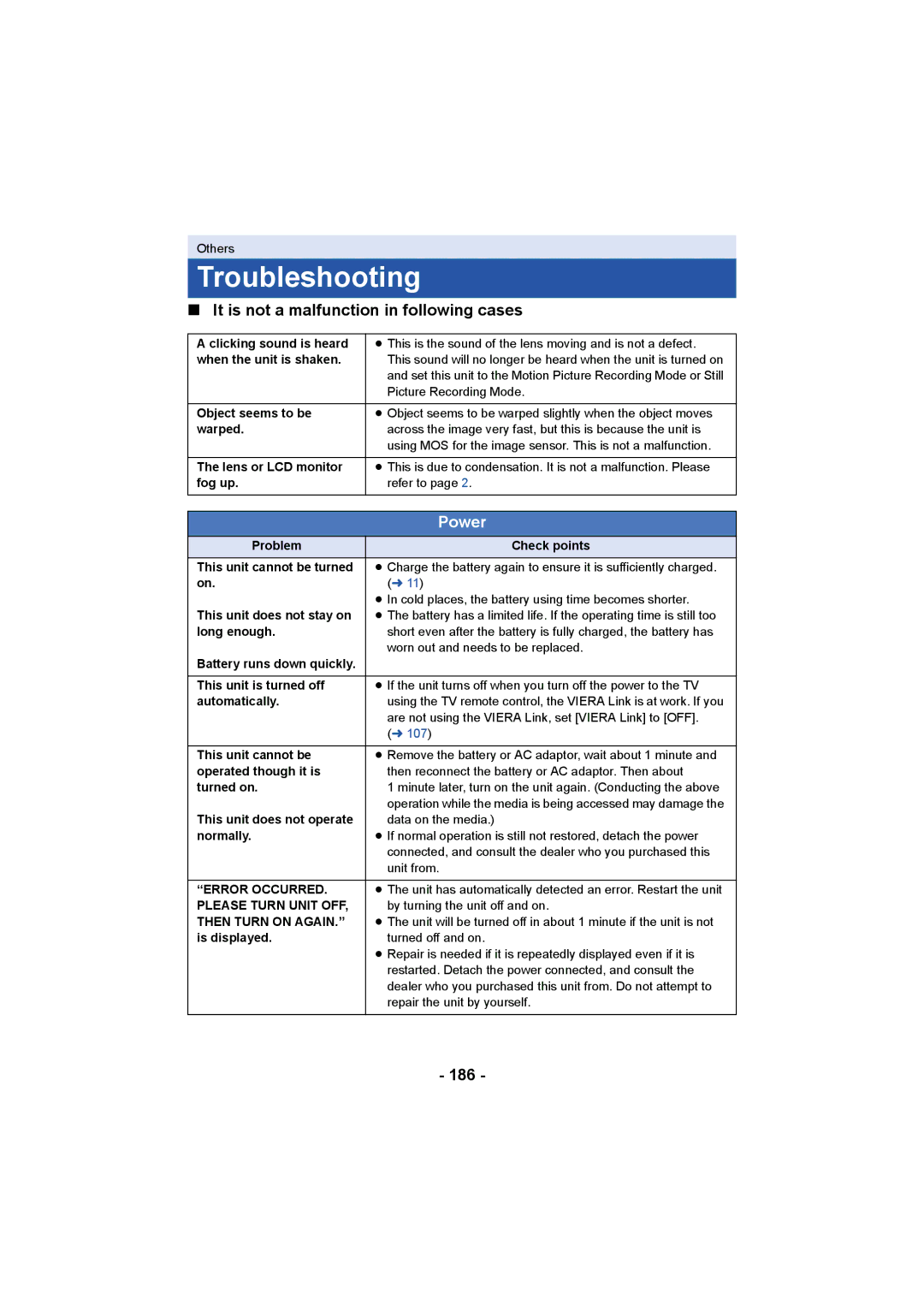 Panasonic HCV550K owner manual Troubleshooting, It is not a malfunction in following cases, 186 