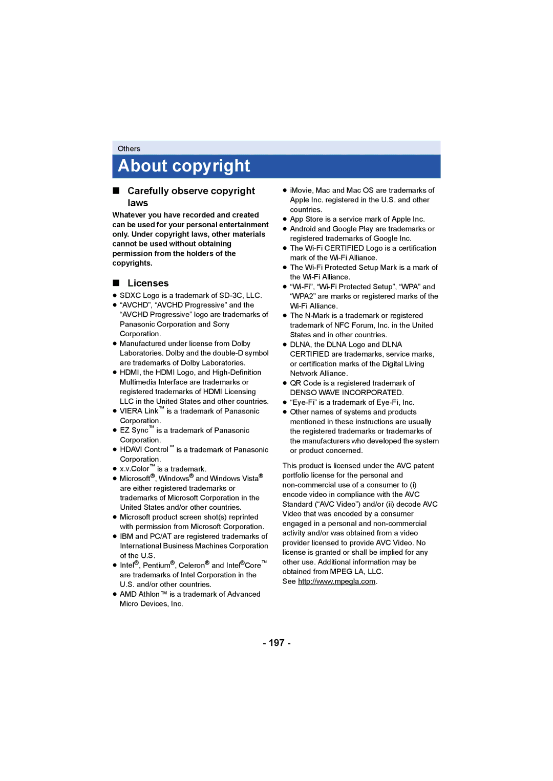 Panasonic HCV550K owner manual About copyright, Carefully observe copyright Laws, Licenses, 197 