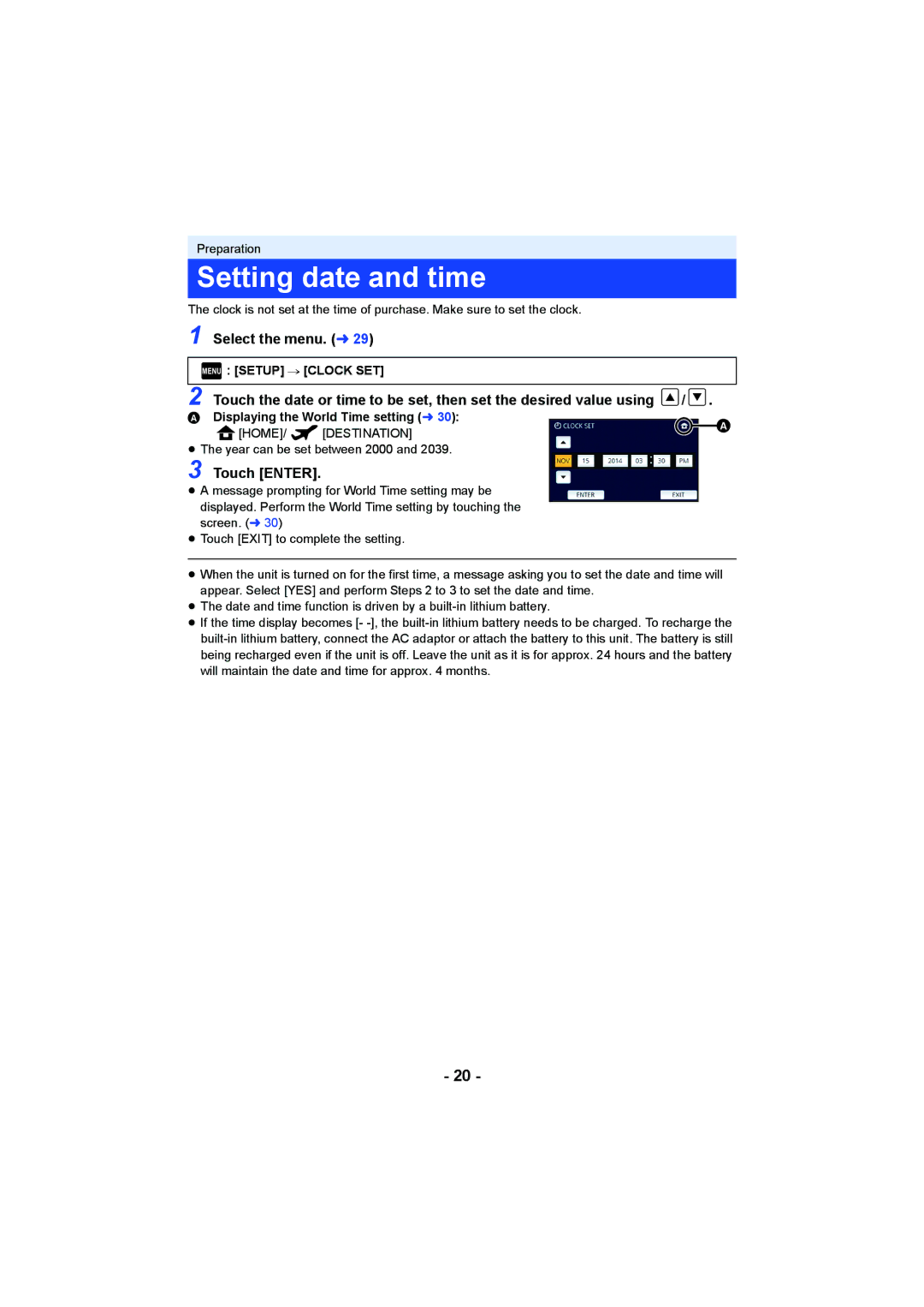 Panasonic HCV550K owner manual Setting date and time, Select the menu. l, Touch Enter, Menu Setup # Clock SET 