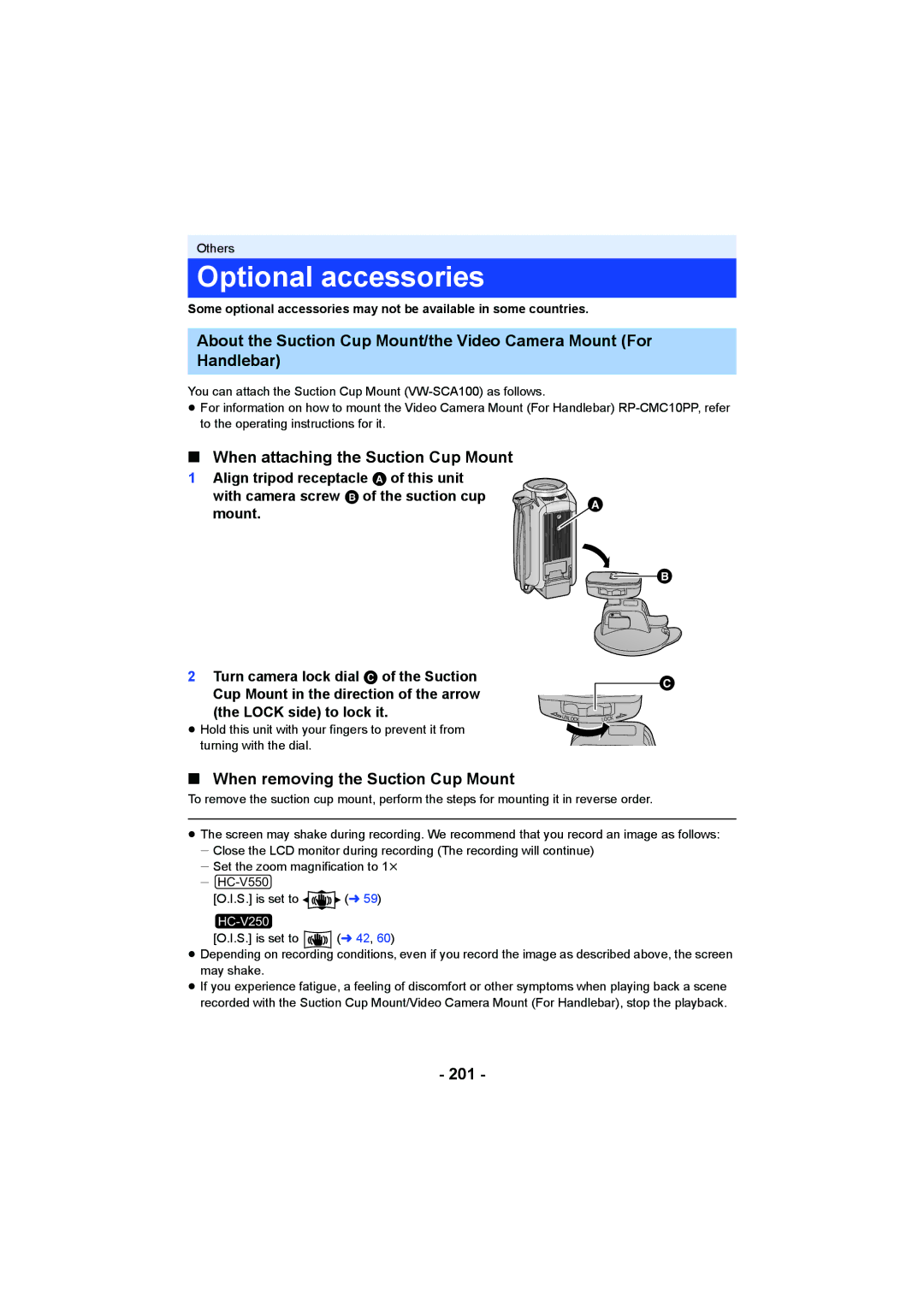 Panasonic HCV550K Optional accessories, When attaching the Suction Cup Mount, When removing the Suction Cup Mount, 201 