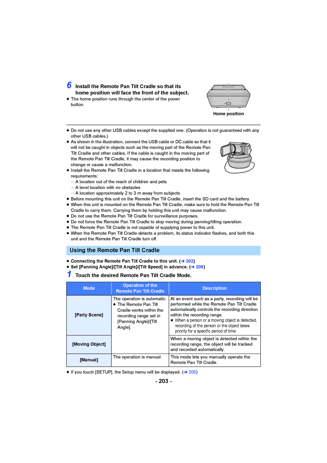 Panasonic HCV550K owner manual Using the Remote Pan Tilt Cradle, 203, Touch the desired Remote Pan Tilt Cradle Mode 