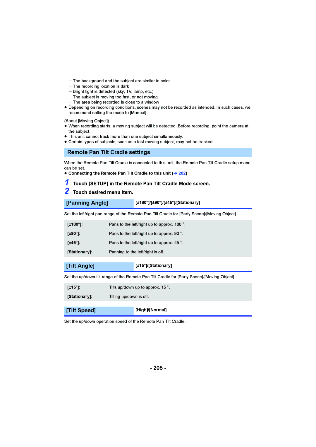 Panasonic HCV550K owner manual Remote Pan Tilt Cradle settings, Panning Angle, Tilt Angle, Tilt Speed, 205 