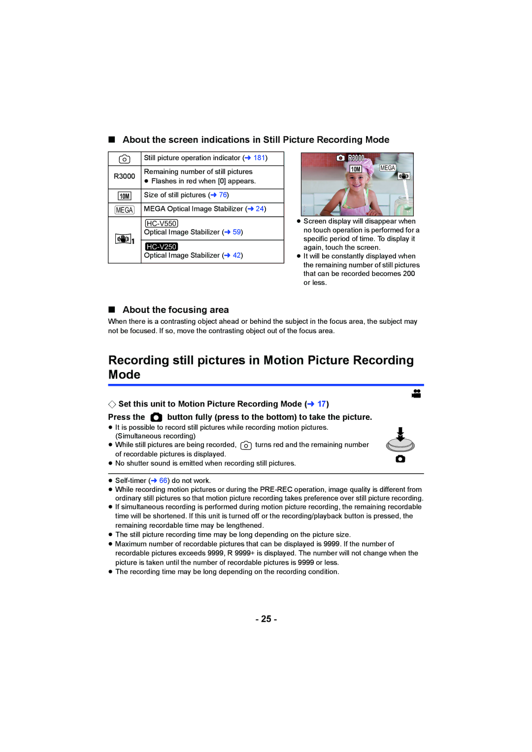 Panasonic HCV550K owner manual Recording still pictures in Motion Picture Recording Mode, About the focusing area 