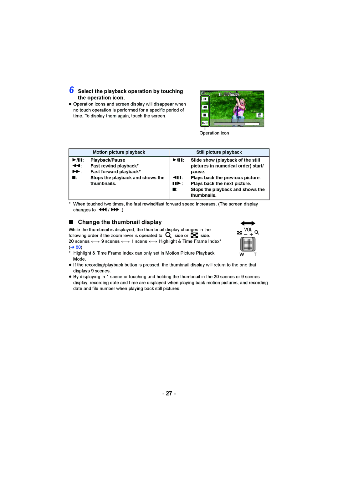 Panasonic HCV550K owner manual Change the thumbnail display, 0h01m30s 