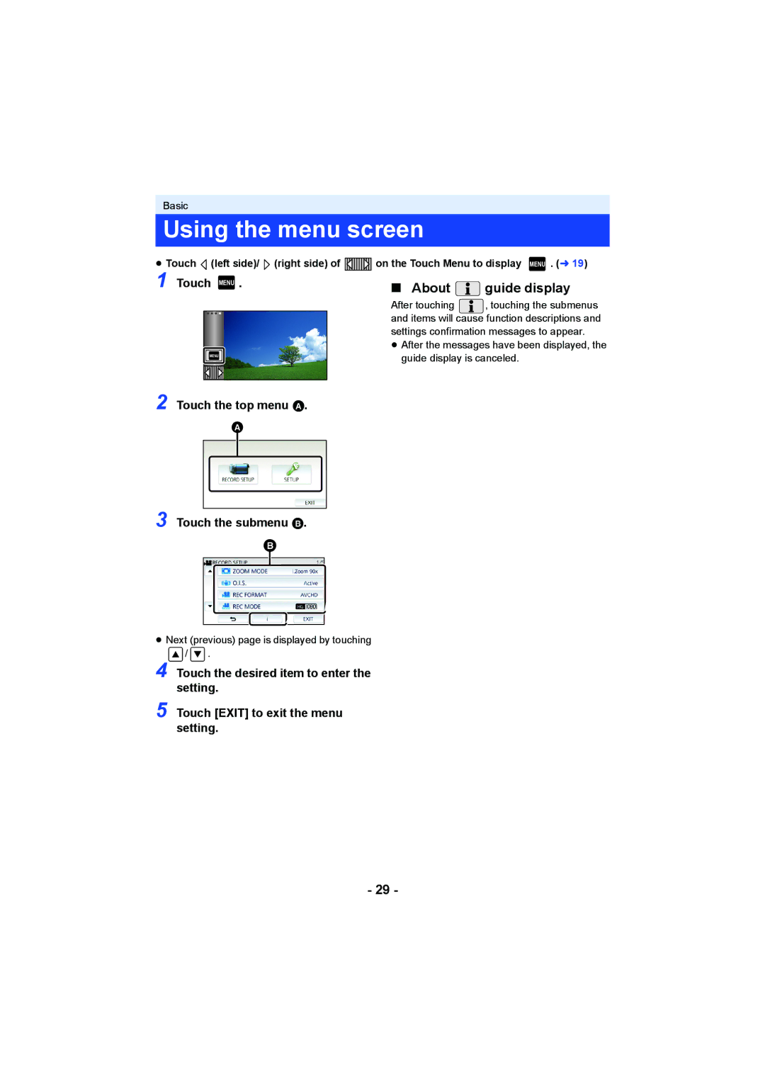 Panasonic HCV550K Using the menu screen, About Guide display, Touch Menu, Touch the top menu a Touch the submenu B 