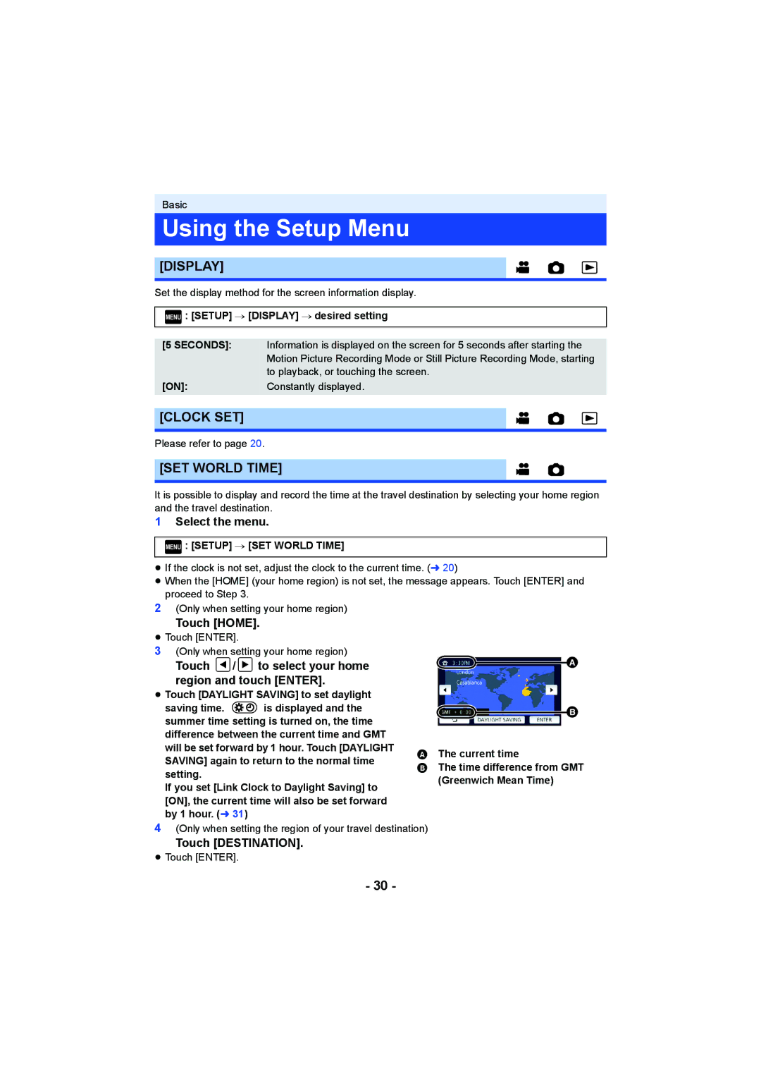 Panasonic HCV550K owner manual Using the Setup Menu, Display, Clock SET, SET World Time 