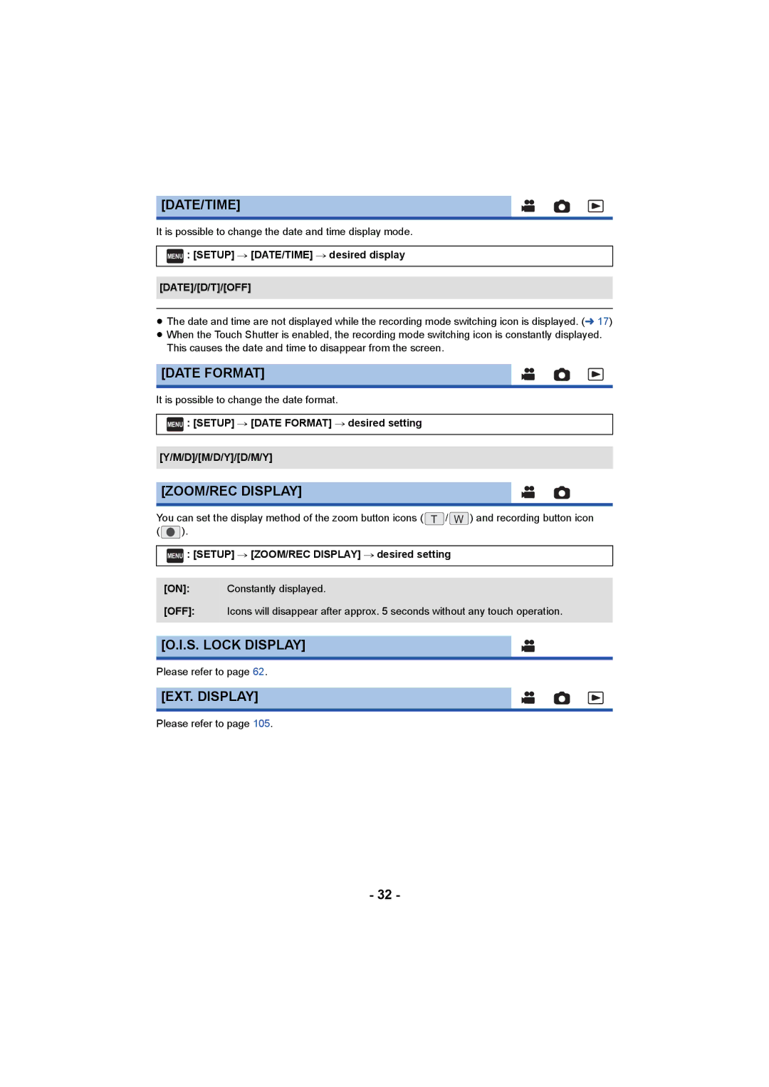 Panasonic HCV550K owner manual Date/Time, Date Format, ZOOM/REC Display, S. Lock Display, EXT. Display 