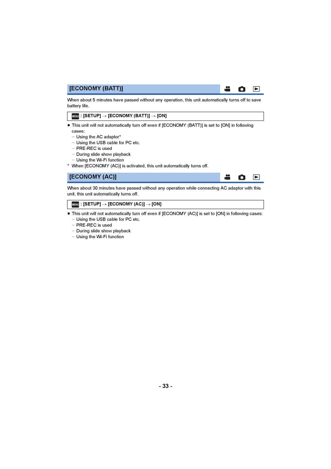 Panasonic HCV550K owner manual Menu Setup # Economy Batt # on, Menu Setup # Economy AC # on 