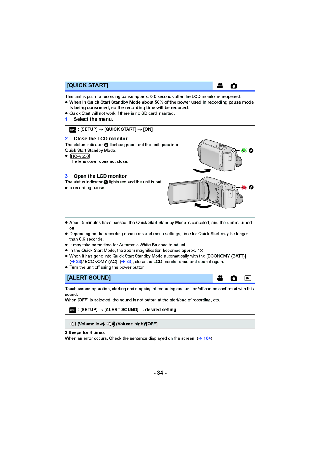 Panasonic HCV550K owner manual Alert Sound, Close the LCD monitor, Open the LCD monitor, Menu Setup # Quick Start # on 