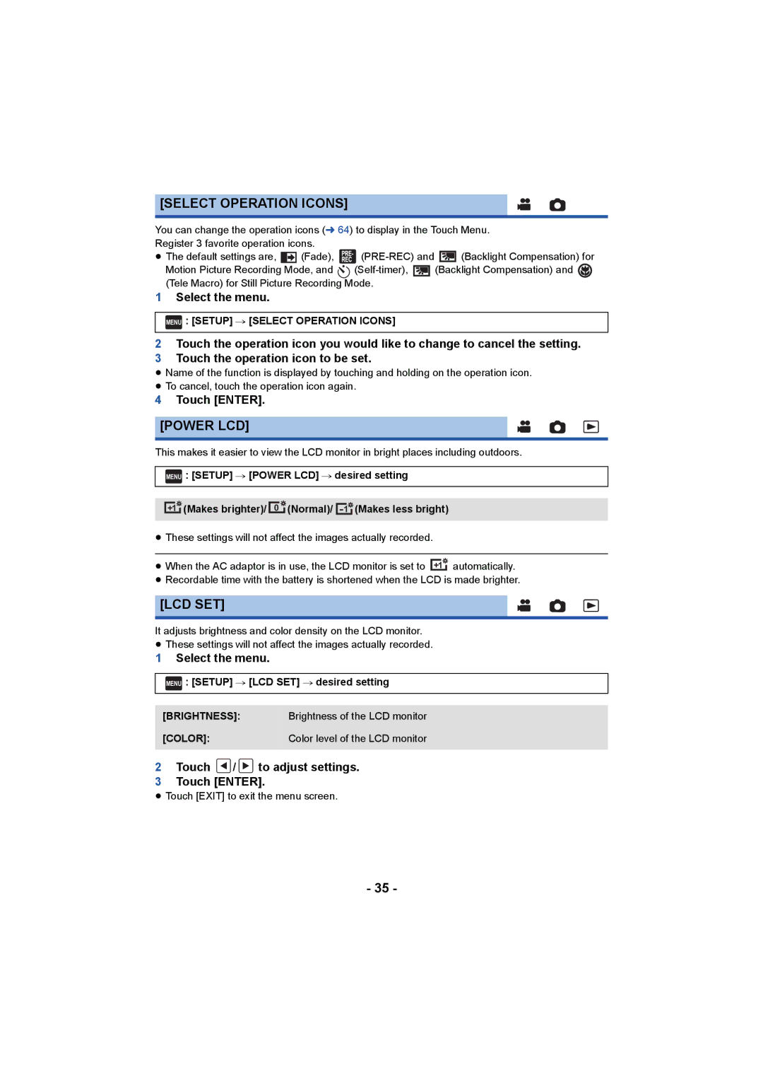 Panasonic HCV550K owner manual Select Operation Icons, Power LCD, Lcd Set, Touch / to adjust settings Touch Enter 