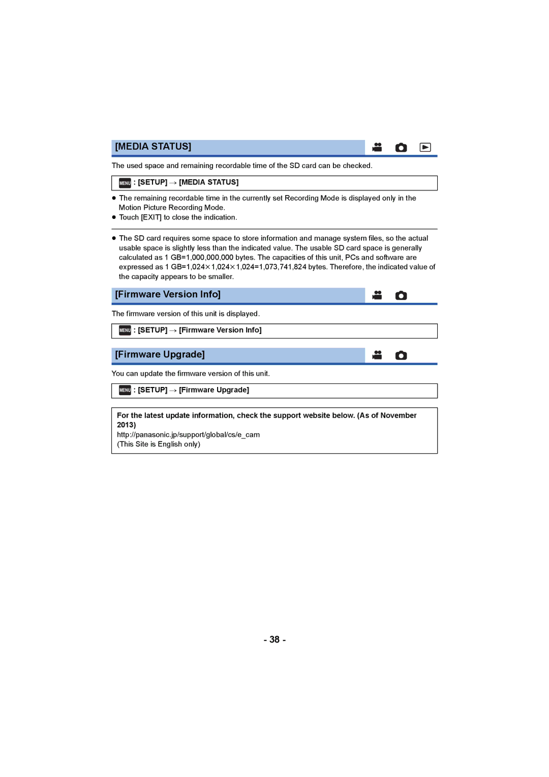 Panasonic HCV550K owner manual Firmware Version Info, Firmware Upgrade, Menu Setup # Media Status 