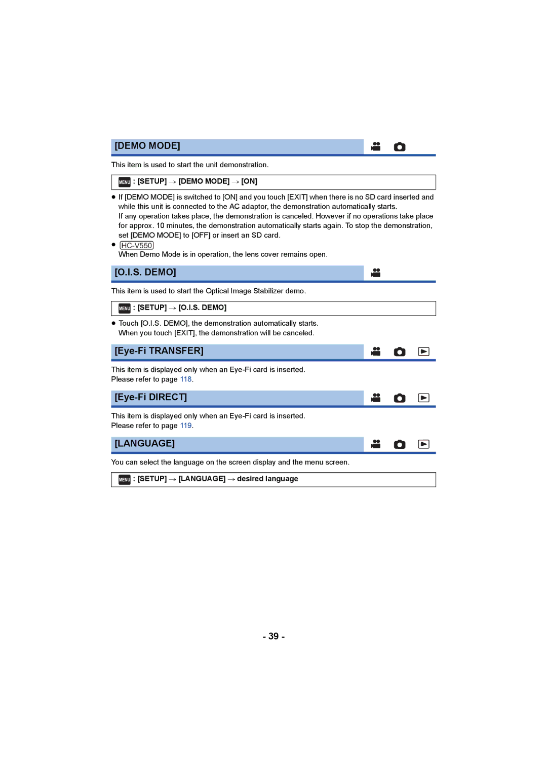 Panasonic HCV550K owner manual Demo Mode, S. Demo, Eye-Fi Transfer, Eye-Fi Direct, Language 