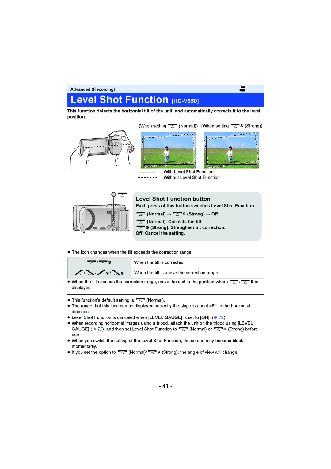 Panasonic HCV550K owner manual Level Shot Function HC-V550, Level Shot Function button 