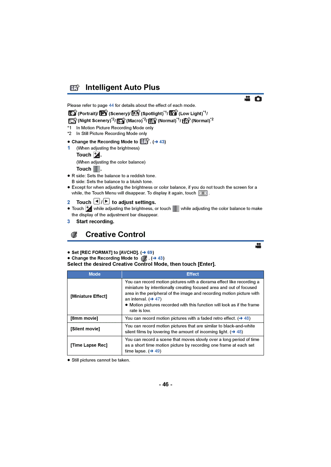 Panasonic HCV550K owner manual Intelligent Auto Plus, Creative Control, Touch / to adjust settings, Start recording 