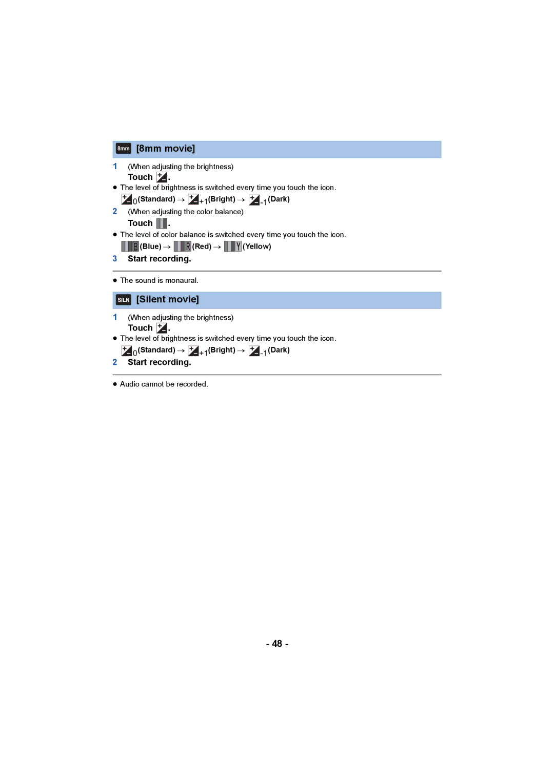 Panasonic HCV550K owner manual 8mm 8mm movie, Siln Silent movie, Blue # Red # Yellow 