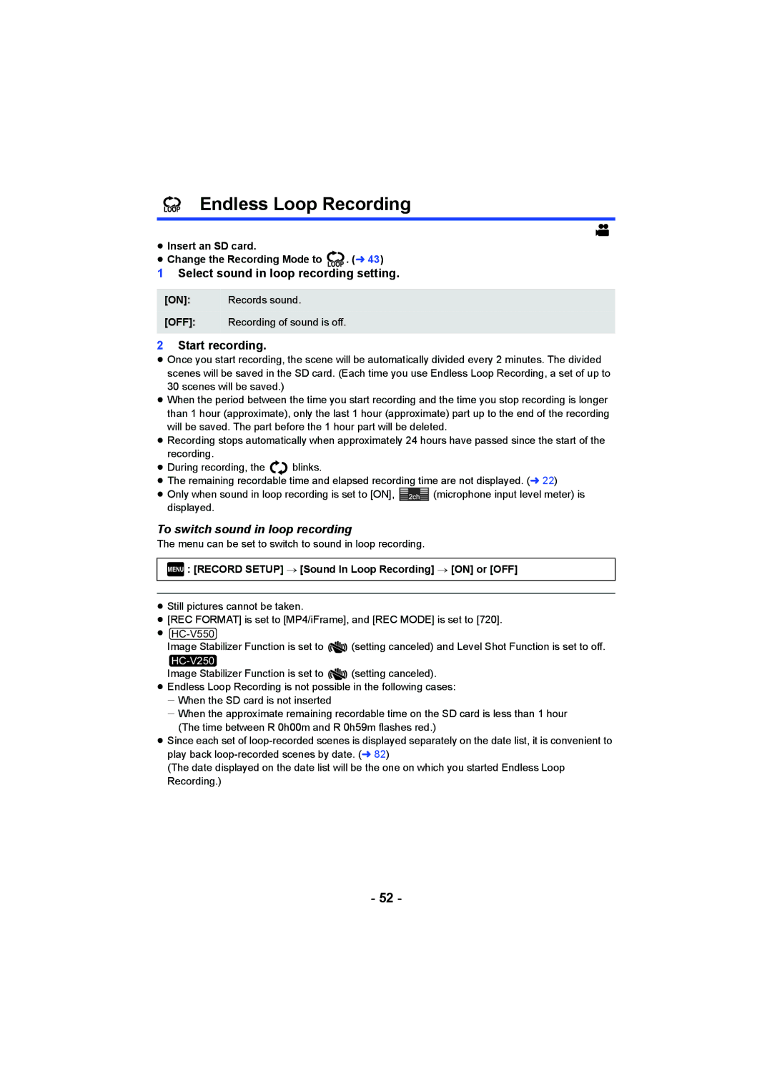 Panasonic HCV550K Endless Loop Recording, Select sound in loop recording setting, To switch sound in loop recording 