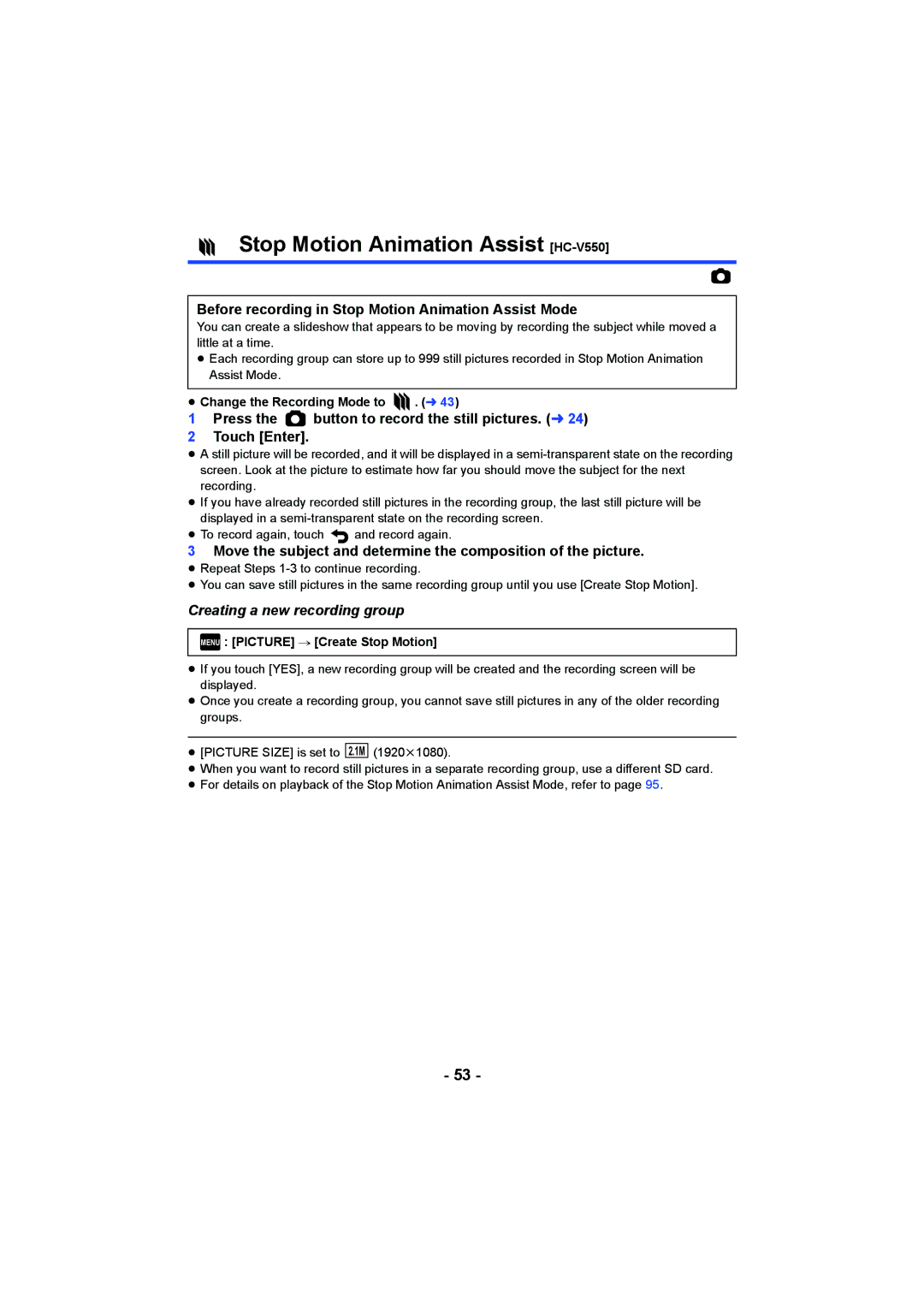 Panasonic HCV550K owner manual Stop Motion Animation Assist HC-V550, Before recording in Stop Motion Animation Assist Mode 