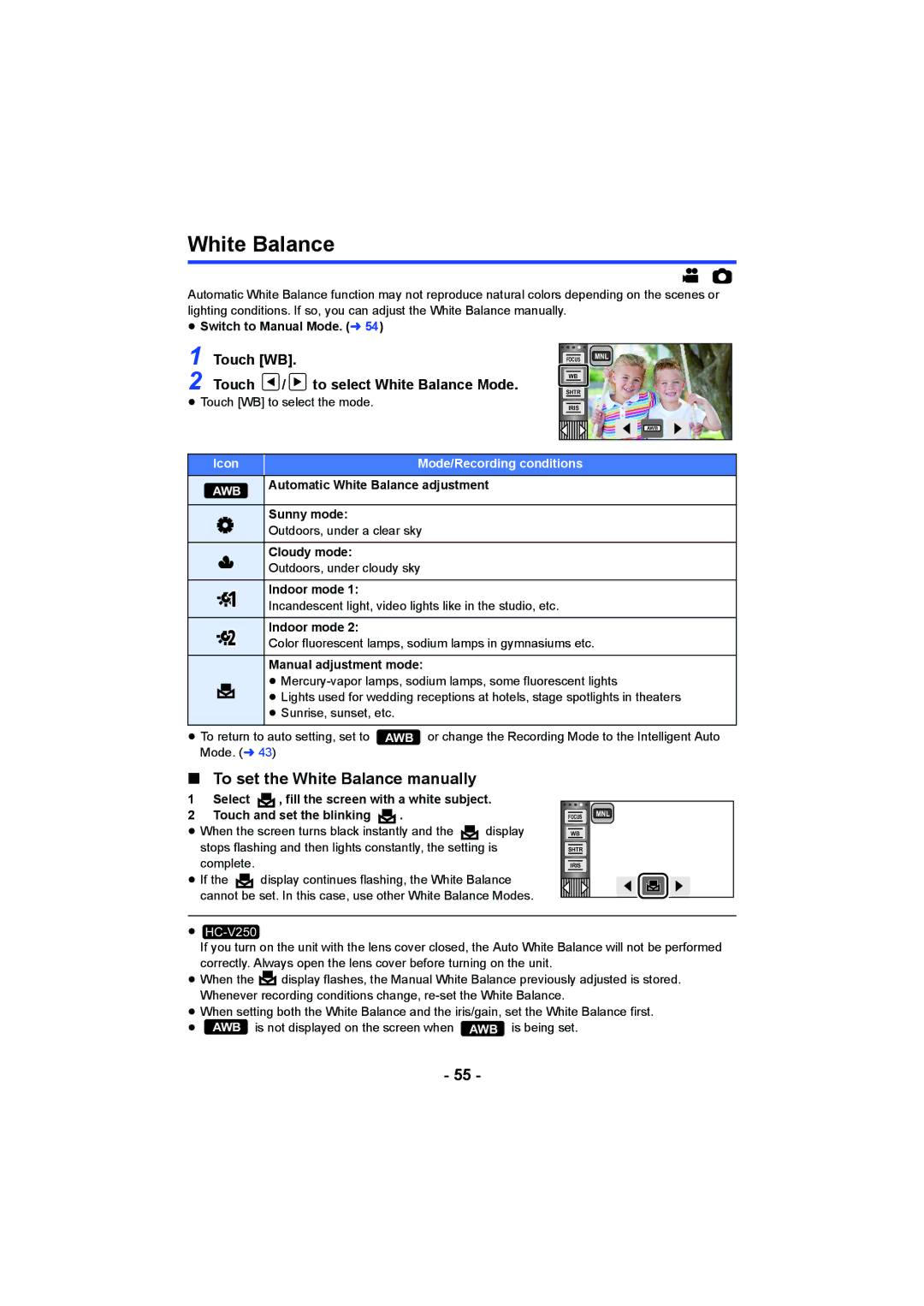 Panasonic HCV550K owner manual To set the White Balance manually, Touch WB Touch / to select White Balance Mode 