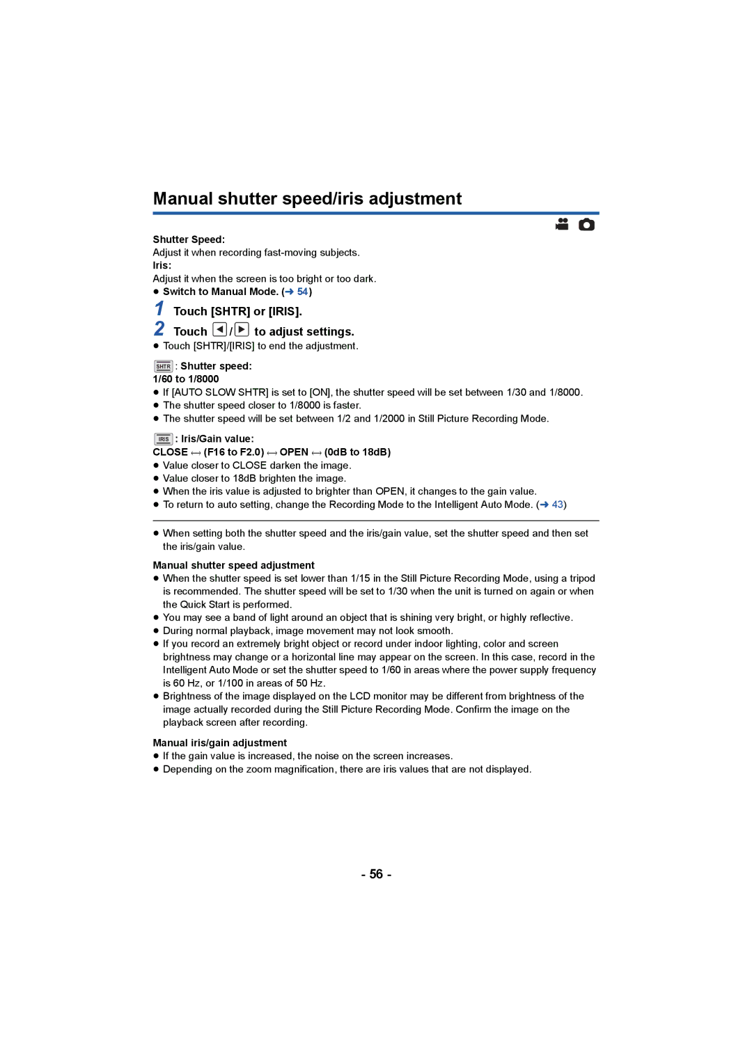 Panasonic HCV550K owner manual Manual shutter speed/iris adjustment, Touch Shtr or Iris Touch / to adjust settings 