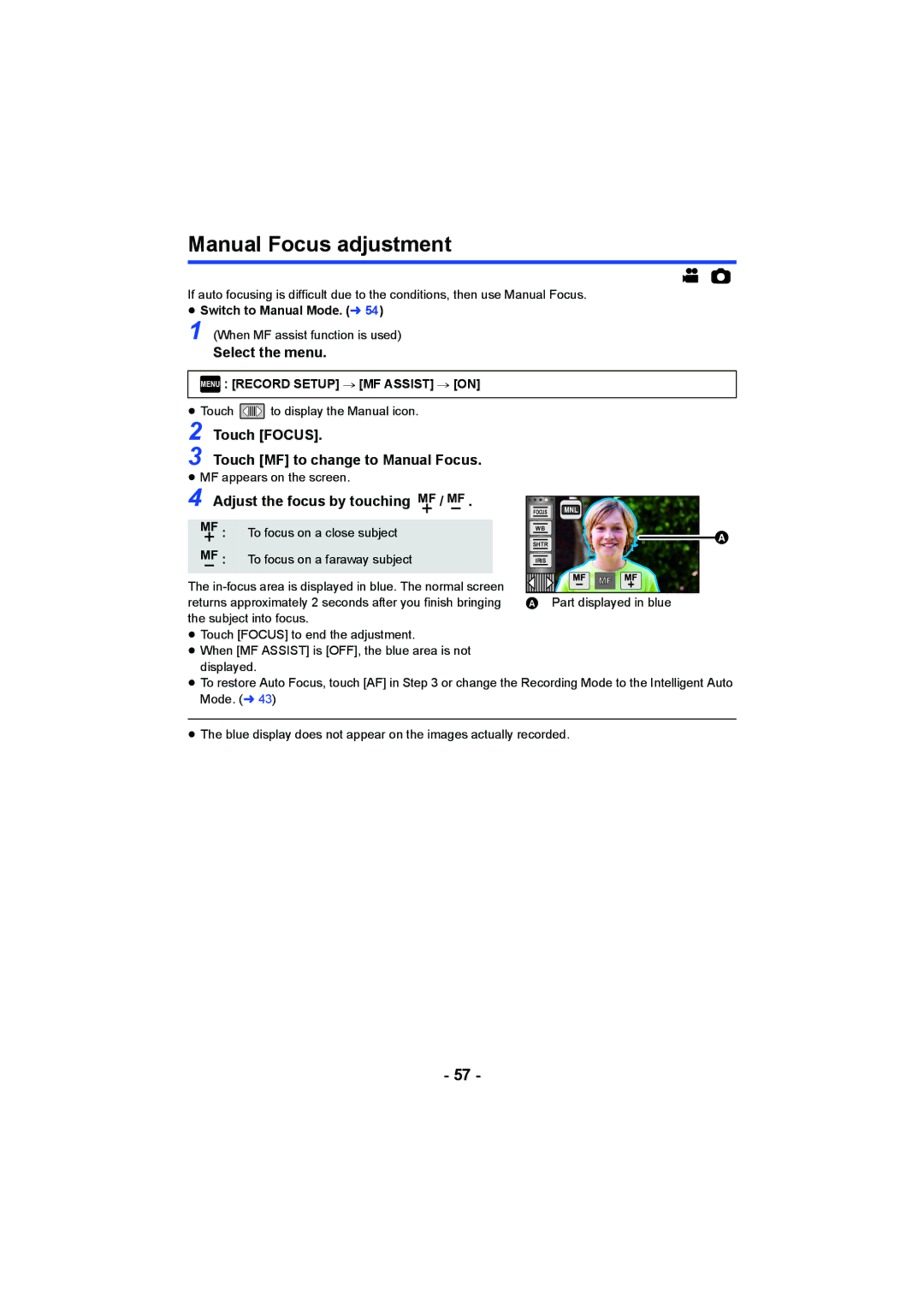 Panasonic HCV550K owner manual Manual Focus adjustment, Touch Focus Touch MF to change to Manual Focus 