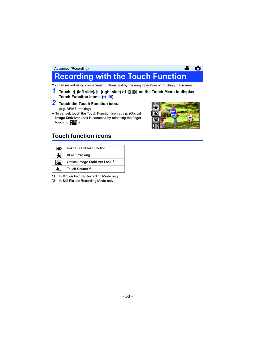 Panasonic HCV550K owner manual Recording with the Touch Function, Touch function icons 