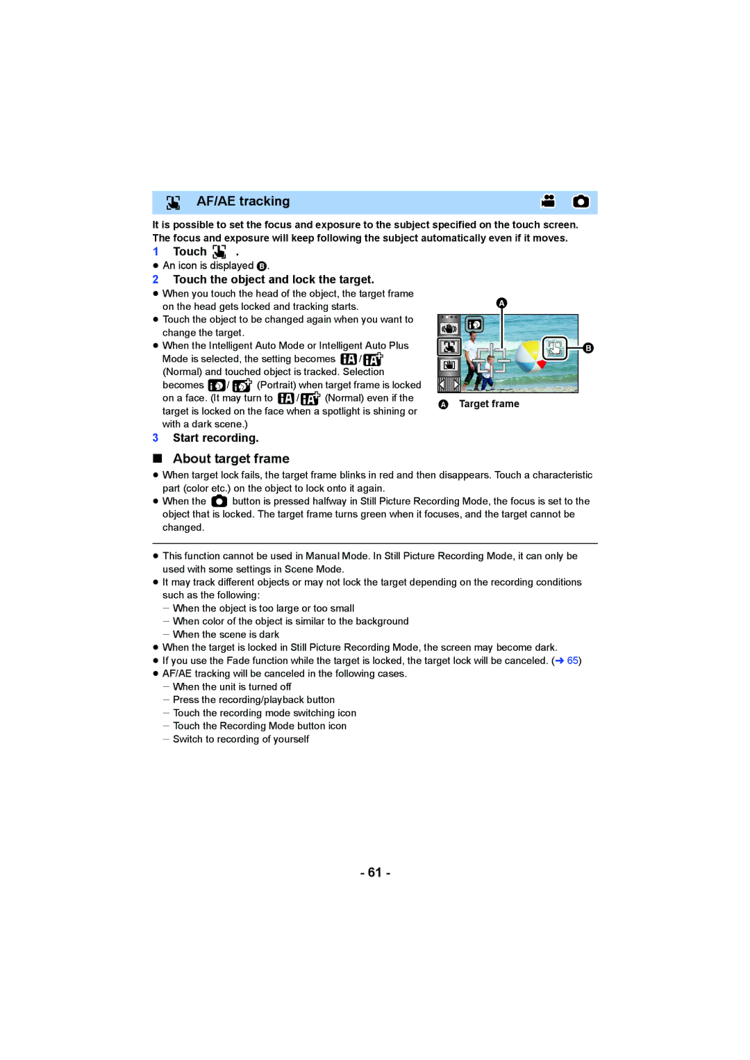 Panasonic HCV550K owner manual AF/AE tracking, About target frame, Touch the object and lock the target, Target frame 