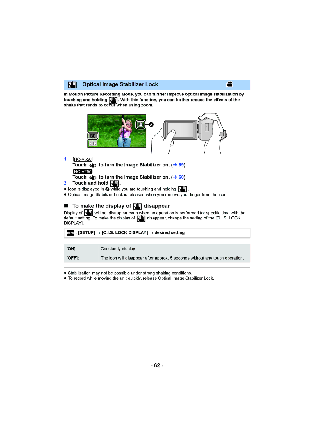 Panasonic HCV550K owner manual Optical Image Stabilizer Lock, To make the display of disappear 