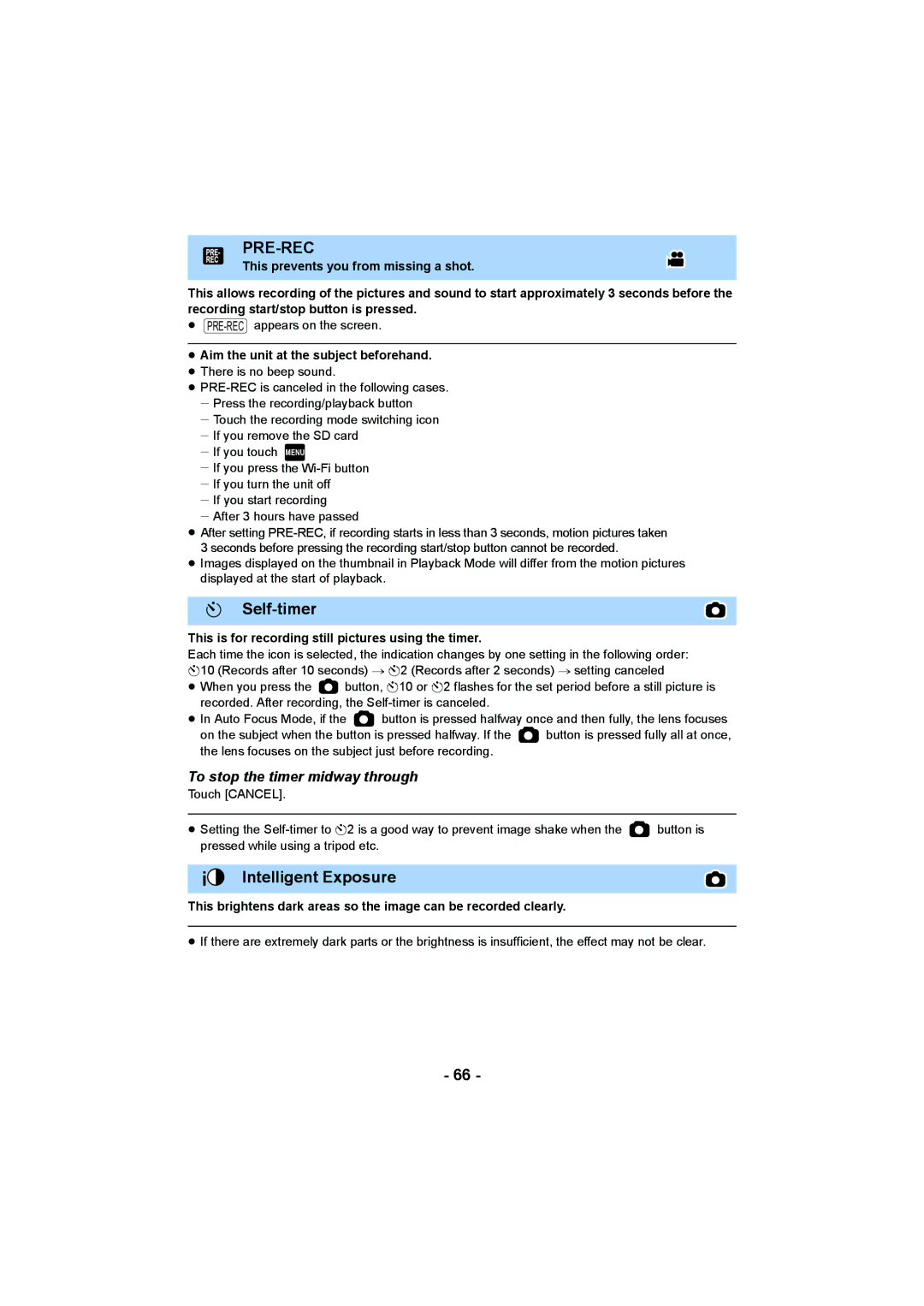 Panasonic HCV550K owner manual Pre-Rec, Self-timer, Intelligent Exposure, To stop the timer midway through 